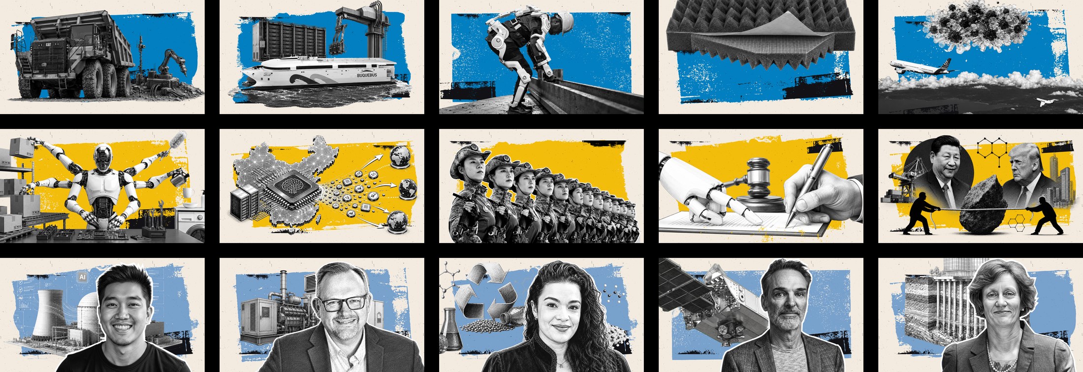 Editorial thumbnail system — a row of illustrated premium content thumbnails