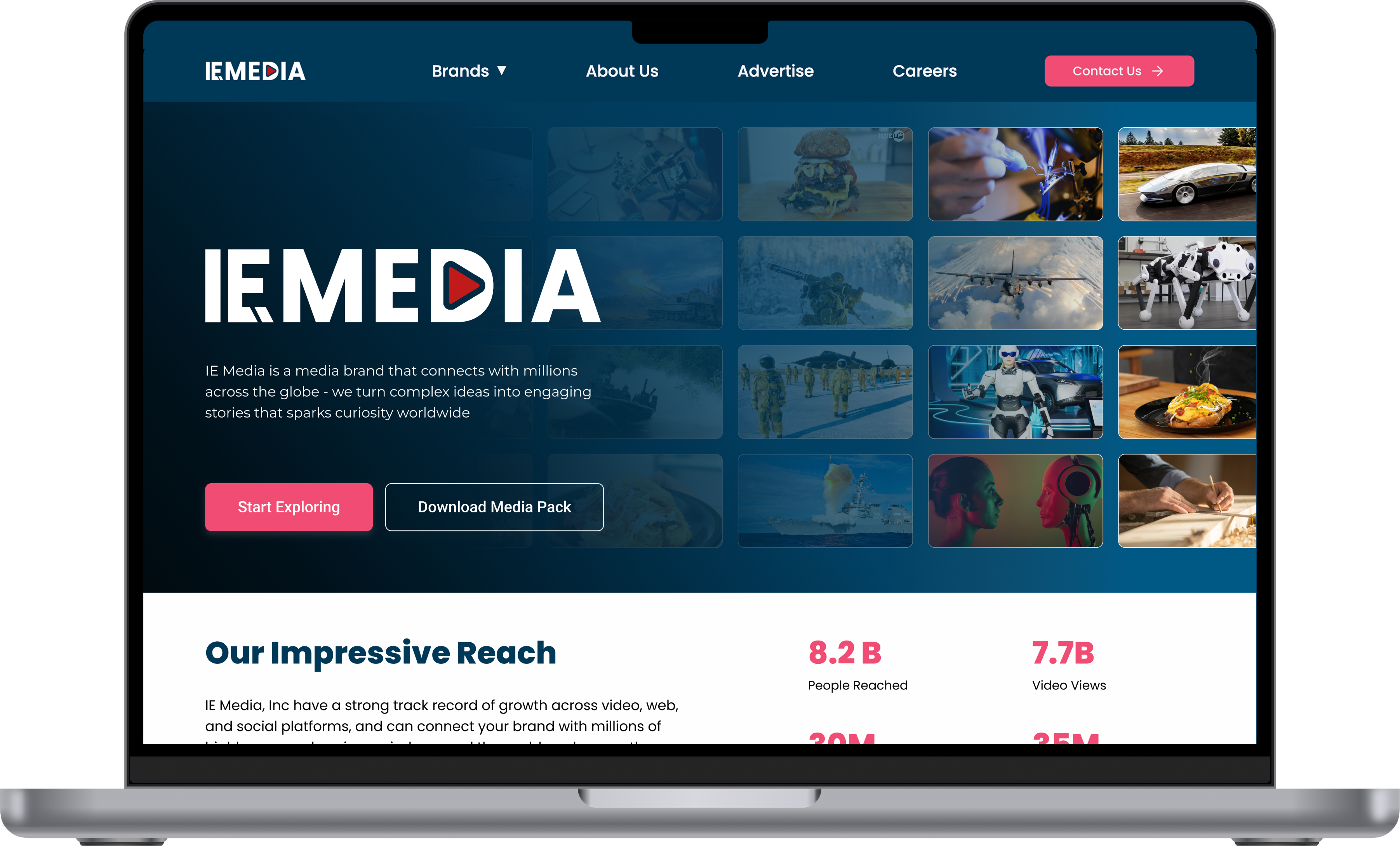 IE Media homepage shown on a MacBook mockup