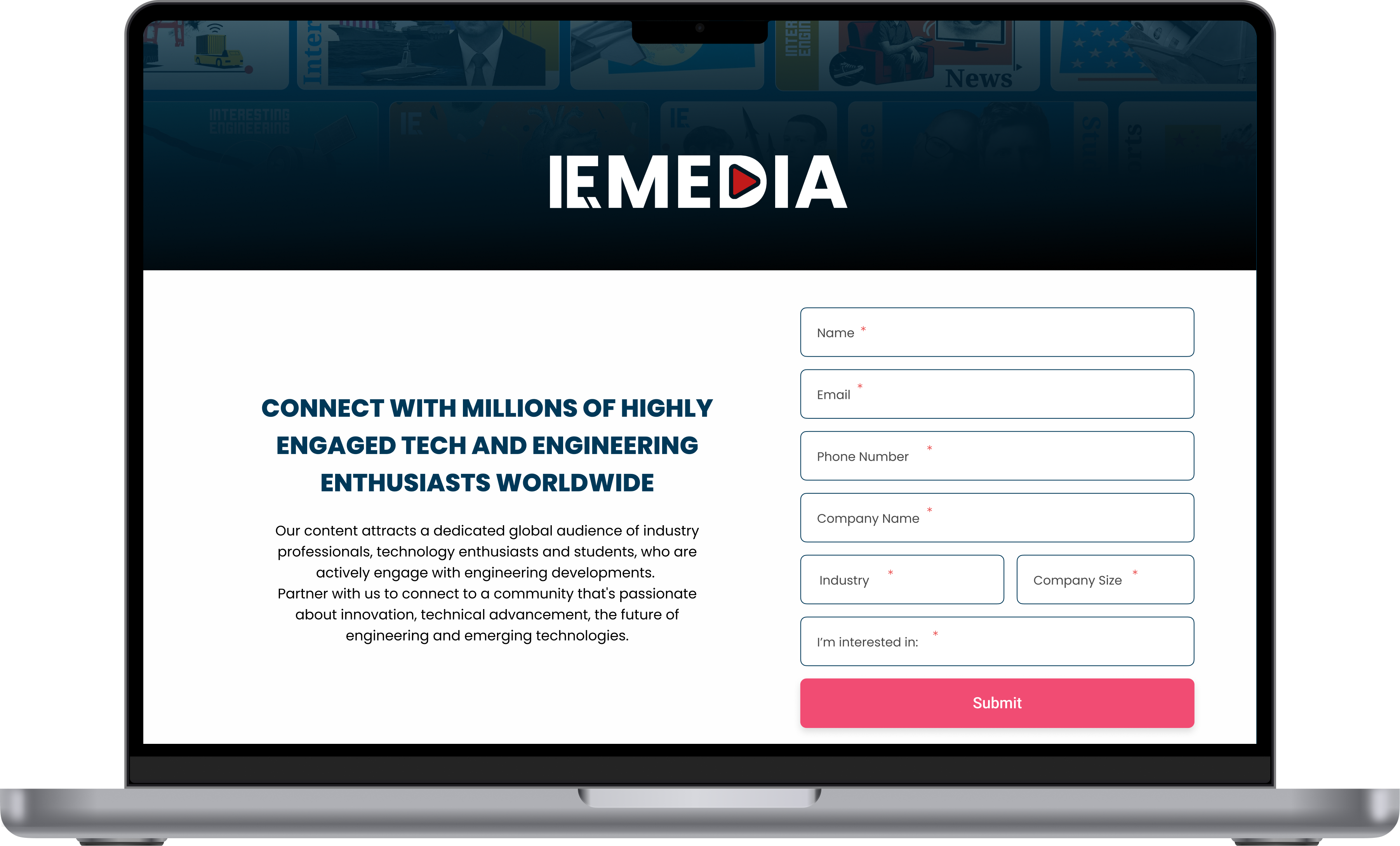 IE Media contact and lead generation form shown on a MacBook mockup