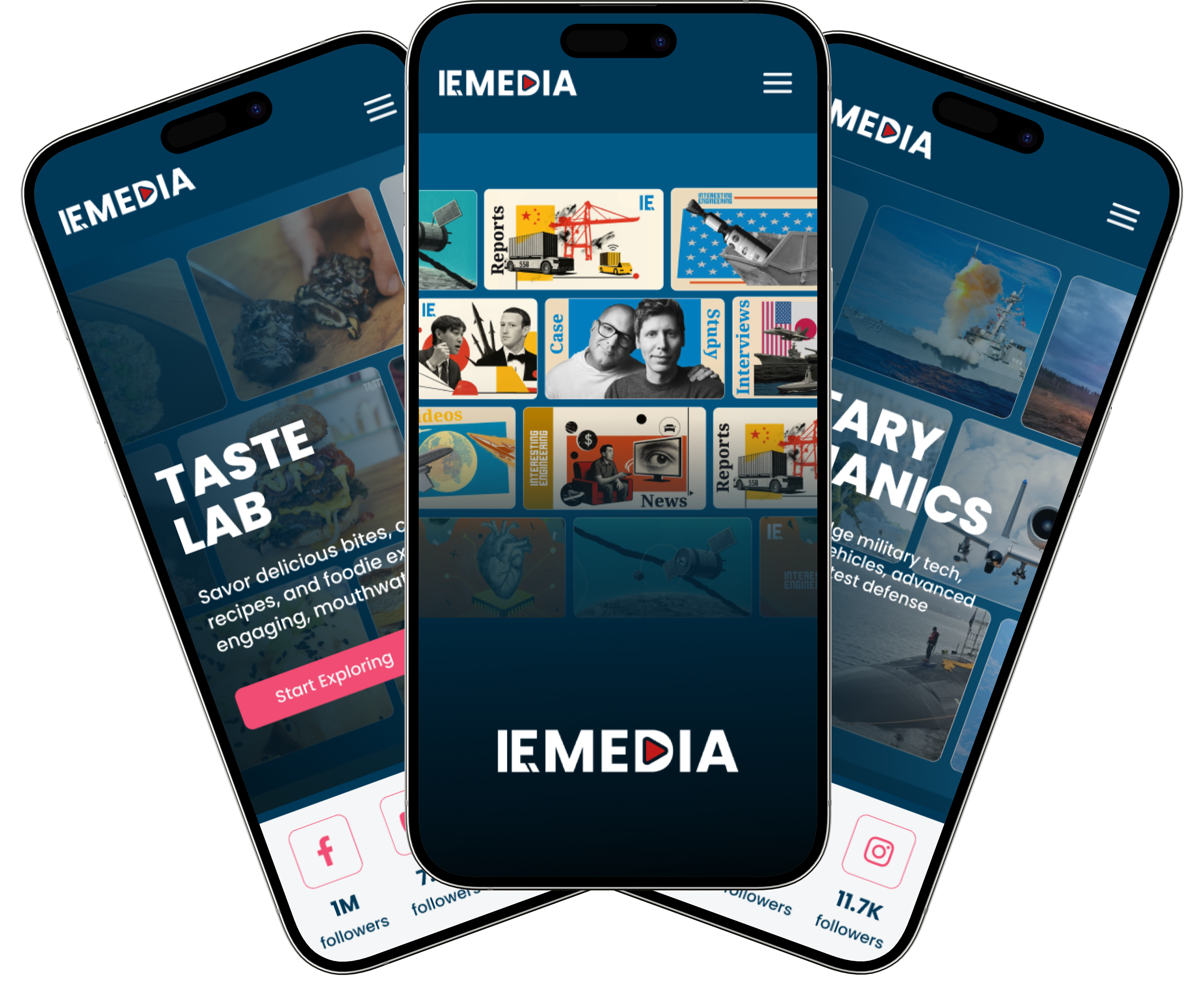 IE Media brands shown across three mobile mockups