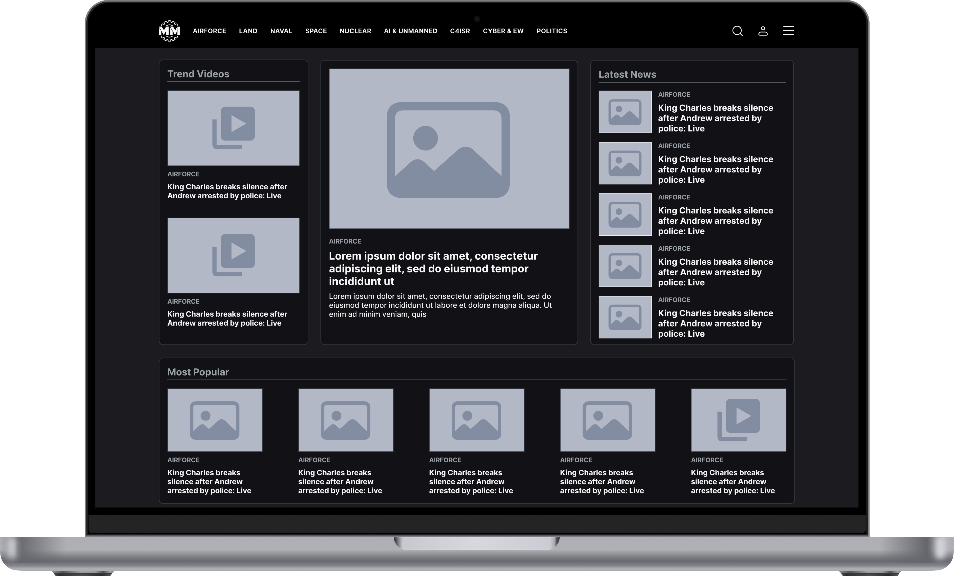 Military Mechanics homepage shown on a MacBook mockup