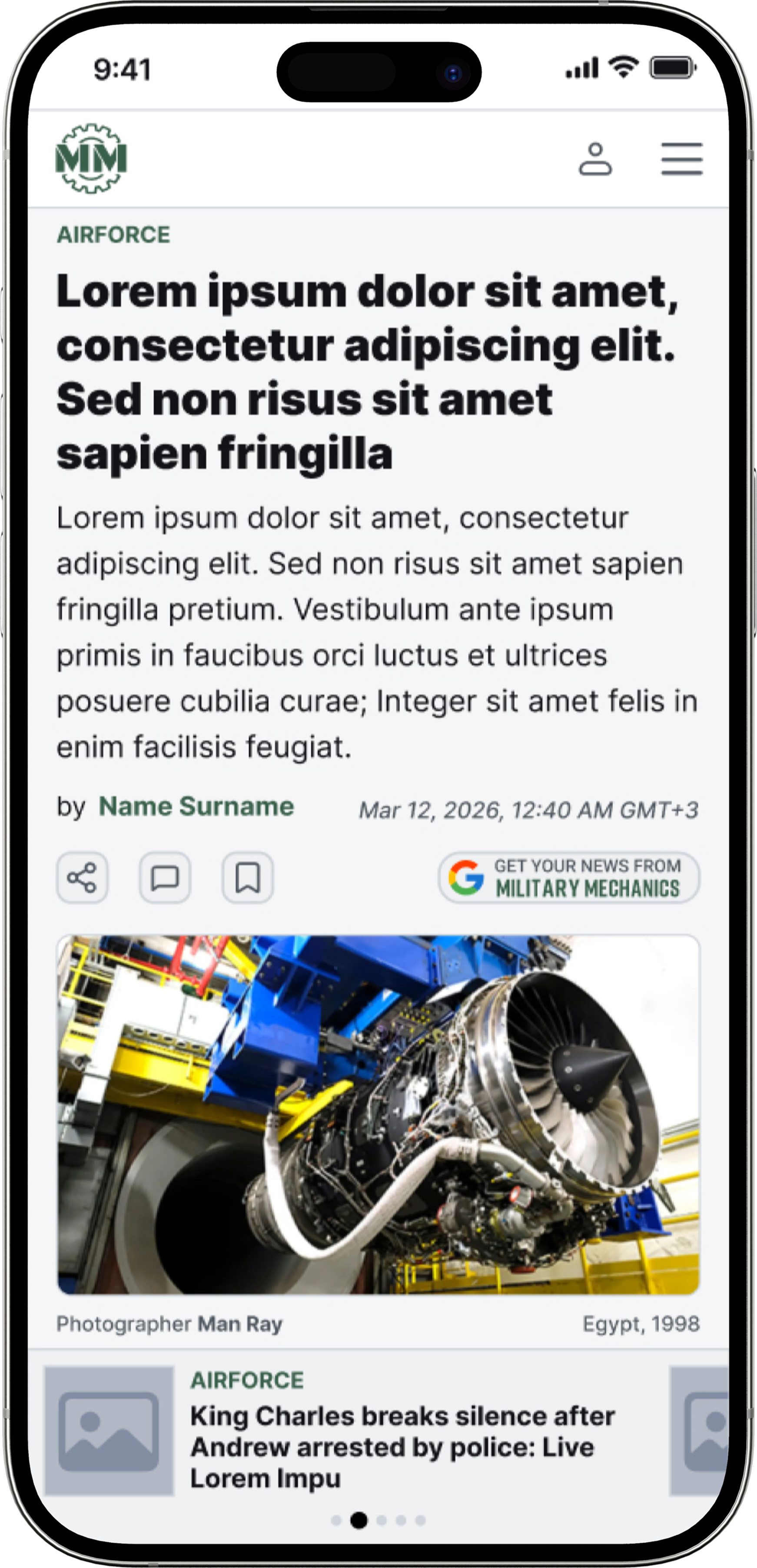 Military Mechanics article page shown on a mobile mockup