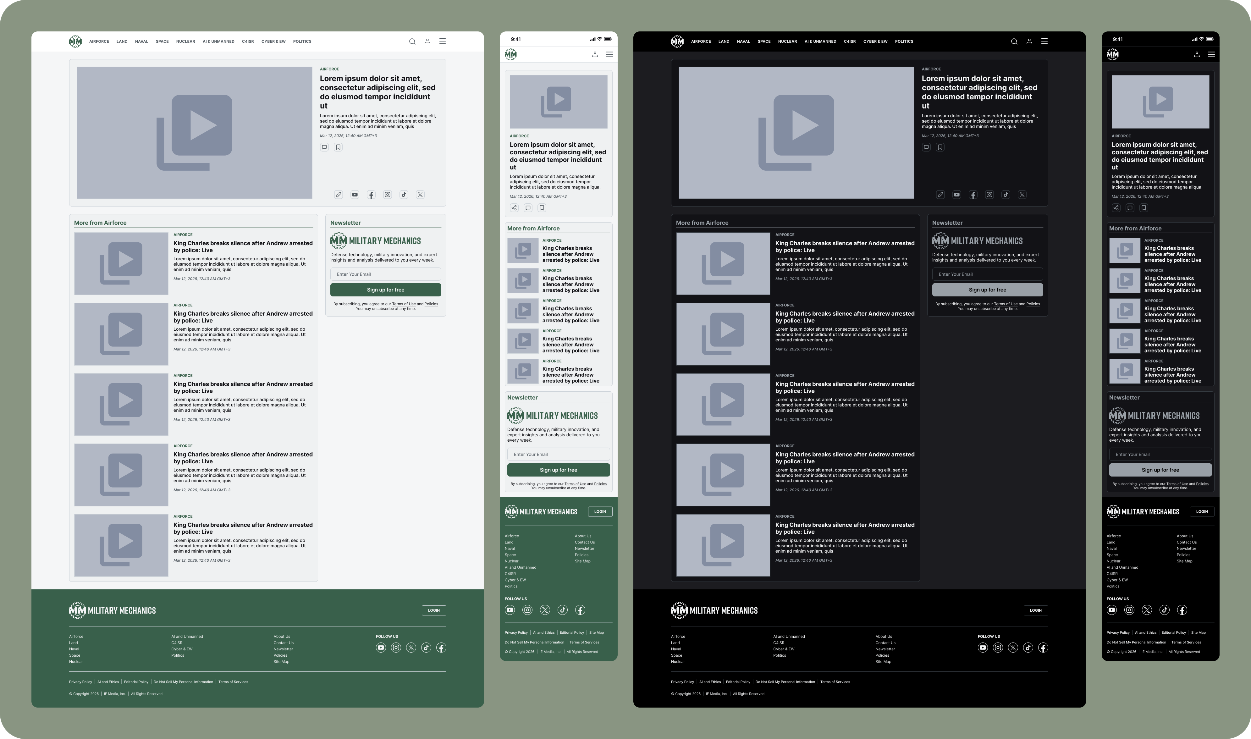 Military Mechanics responsive experience across desktop and mobile, light and dark theme