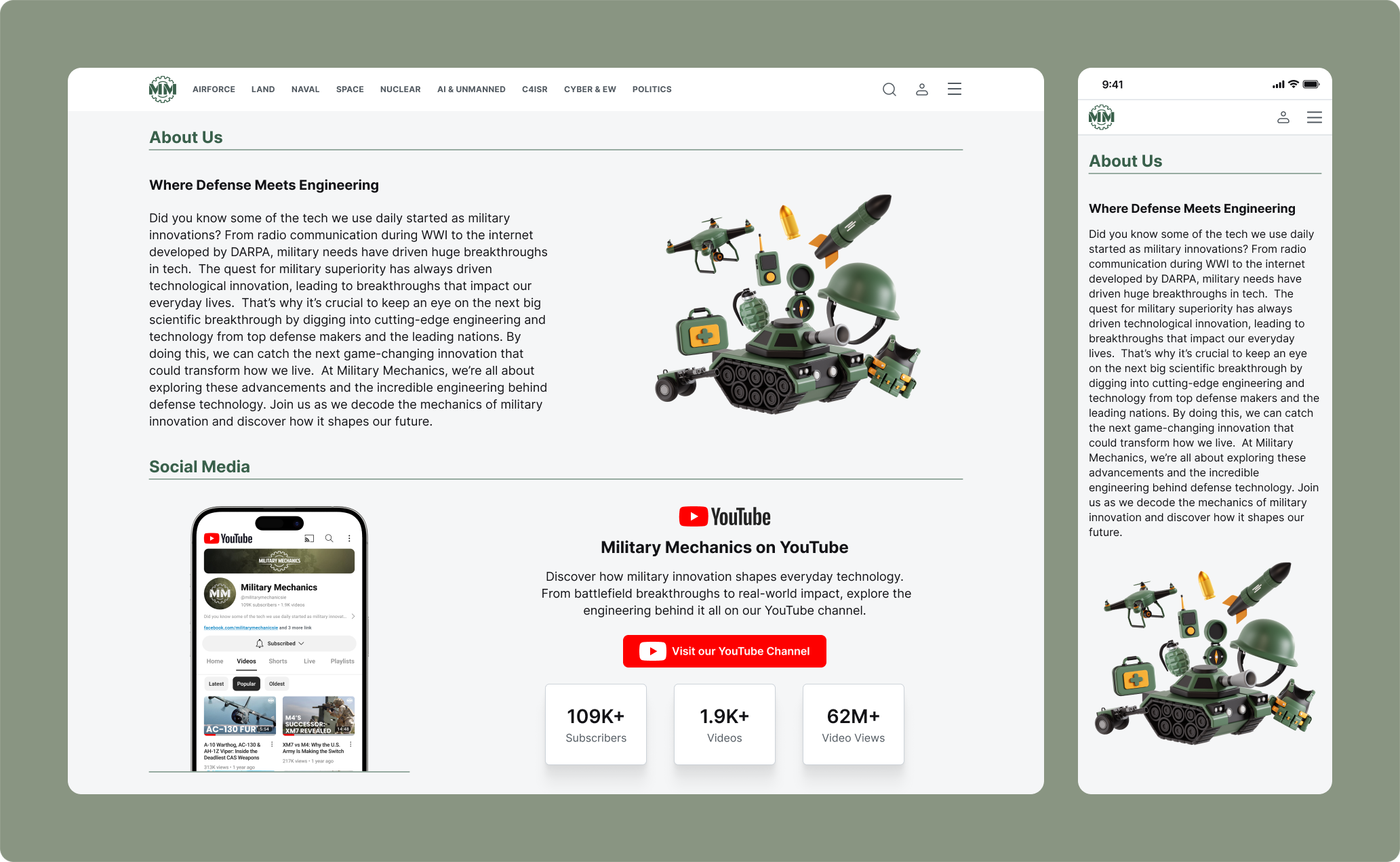 Military Mechanics custom illustration work and YouTube channel section, shown on desktop and mobile