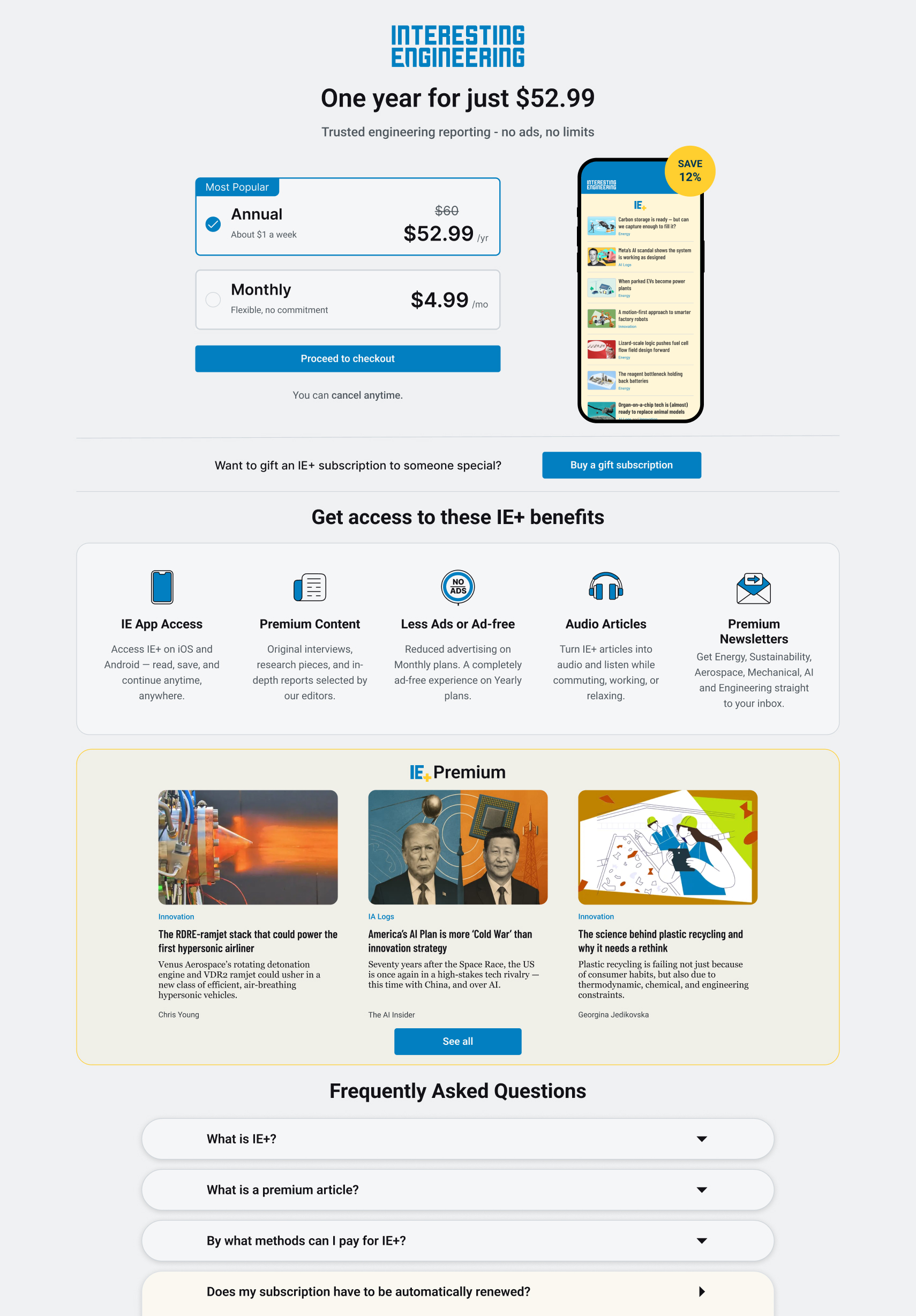 Interesting Engineering IE+ subscription and paywall page