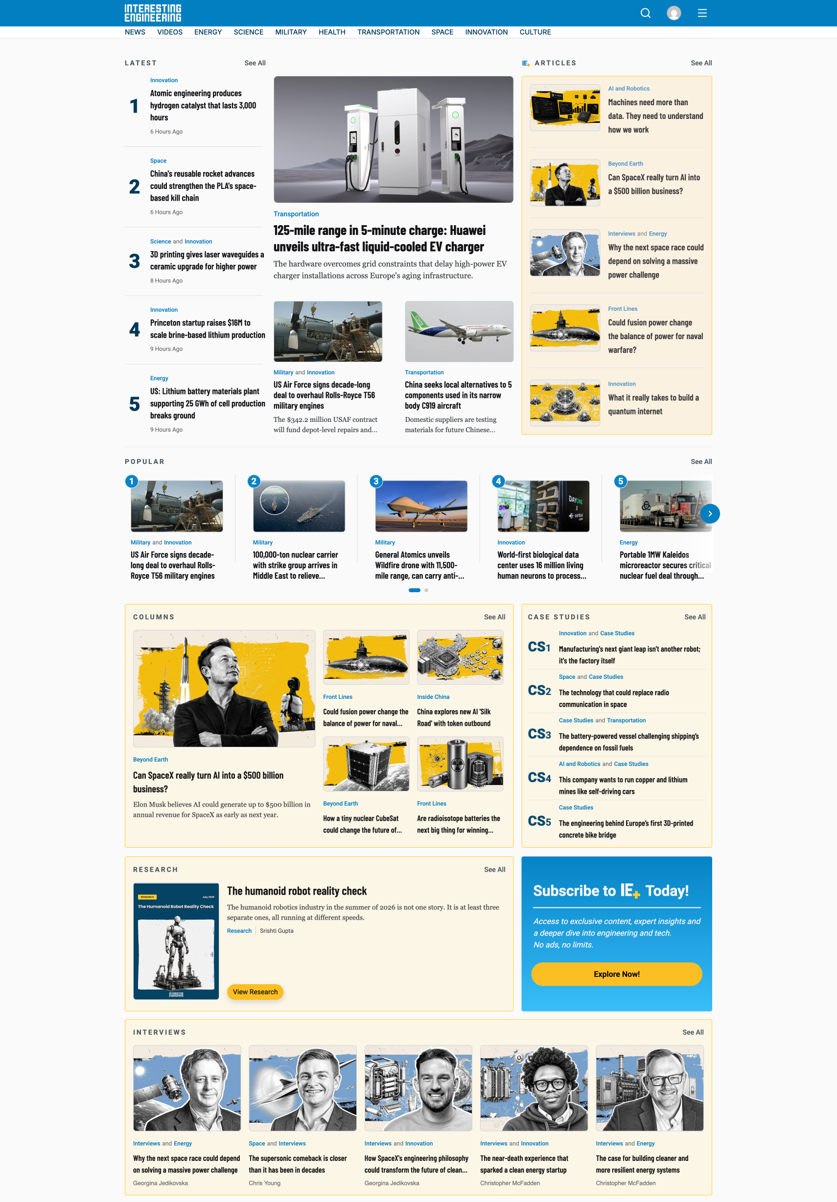 Interesting Engineering homepage layout showing its content hierarchy