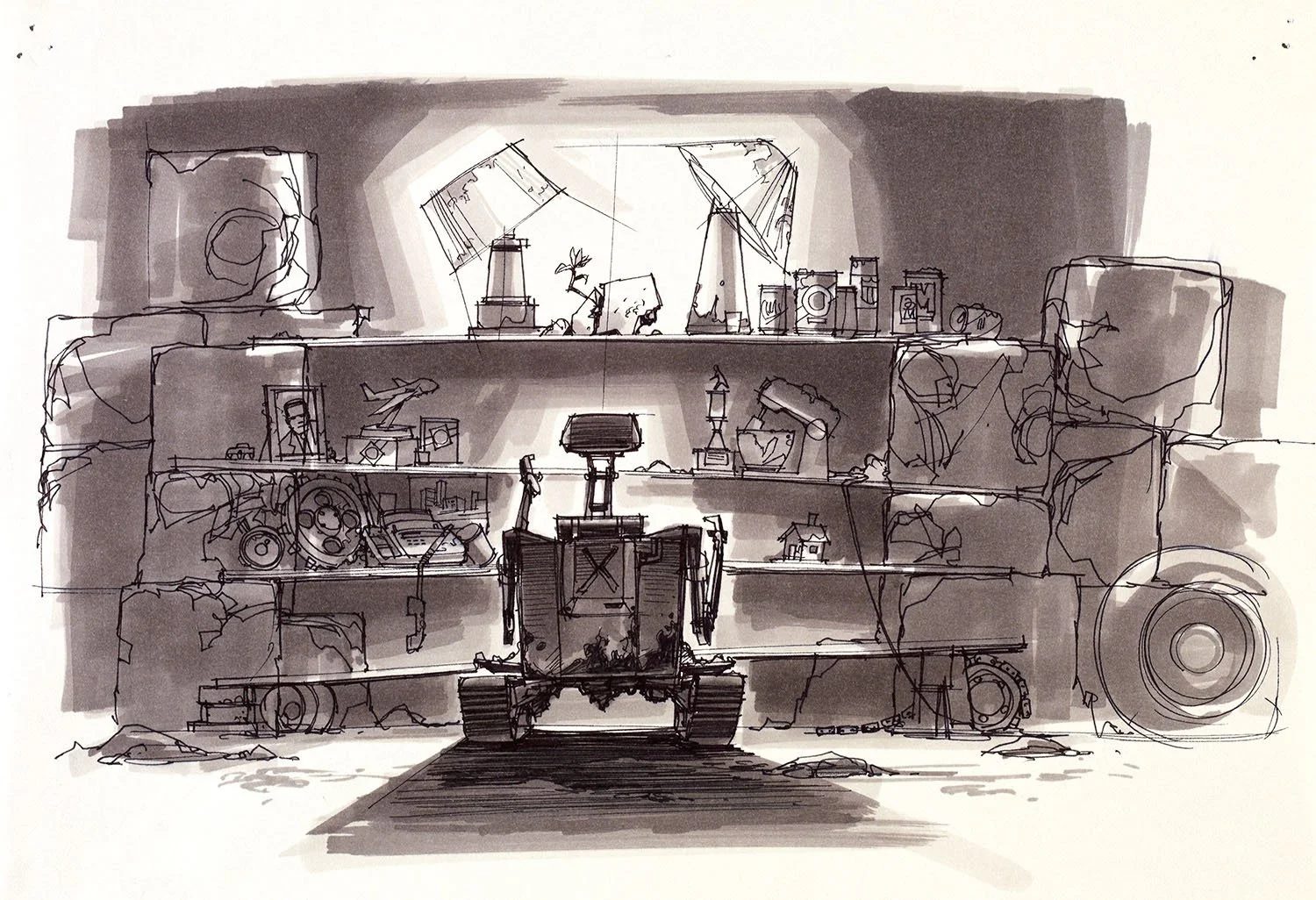 WALL-E and EVE interacting, showing their contrasting shapes and expressive poses.