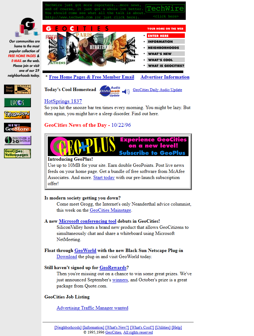 GeoCities hizmetinin Web Design Museum arşivindeki 1996 tarihli web sayfası.