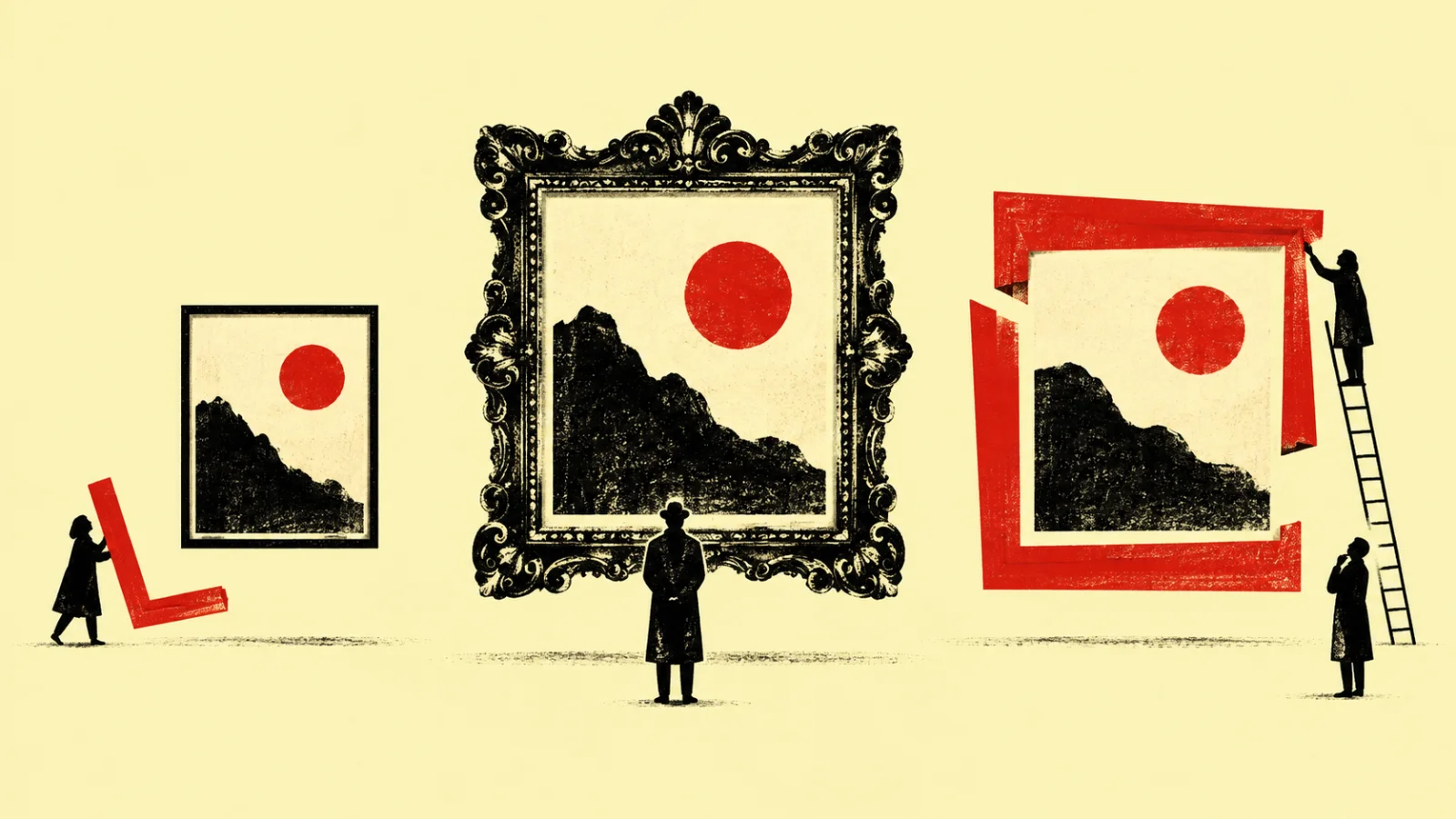 Editorial illustration showing the same landscape artwork presented in three different frames: a simple black frame, an ornate classical frame, and a bold modern red frame, with small human figures observing and adjusting them.