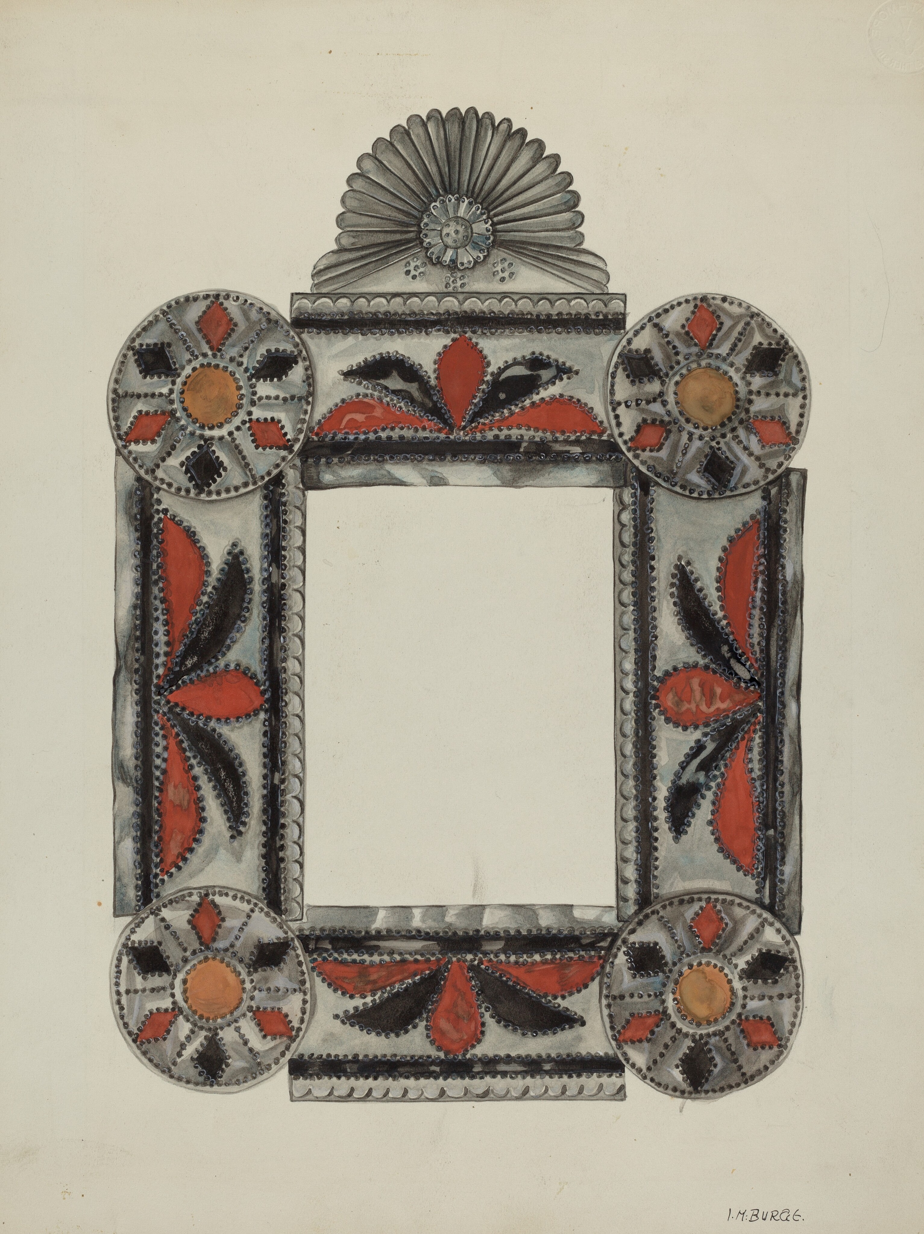 Irene M. Burge's 1936 design drawing for an ornate rectangular picture frame with red, black, and orange details