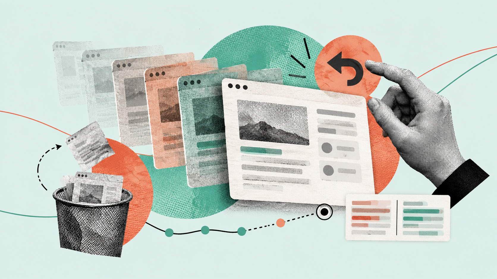 Editorial collage showing layered interface screens, an undo symbol, a hand reaching toward the current screen, a trash bin with discarded pages, and a small comparison card.