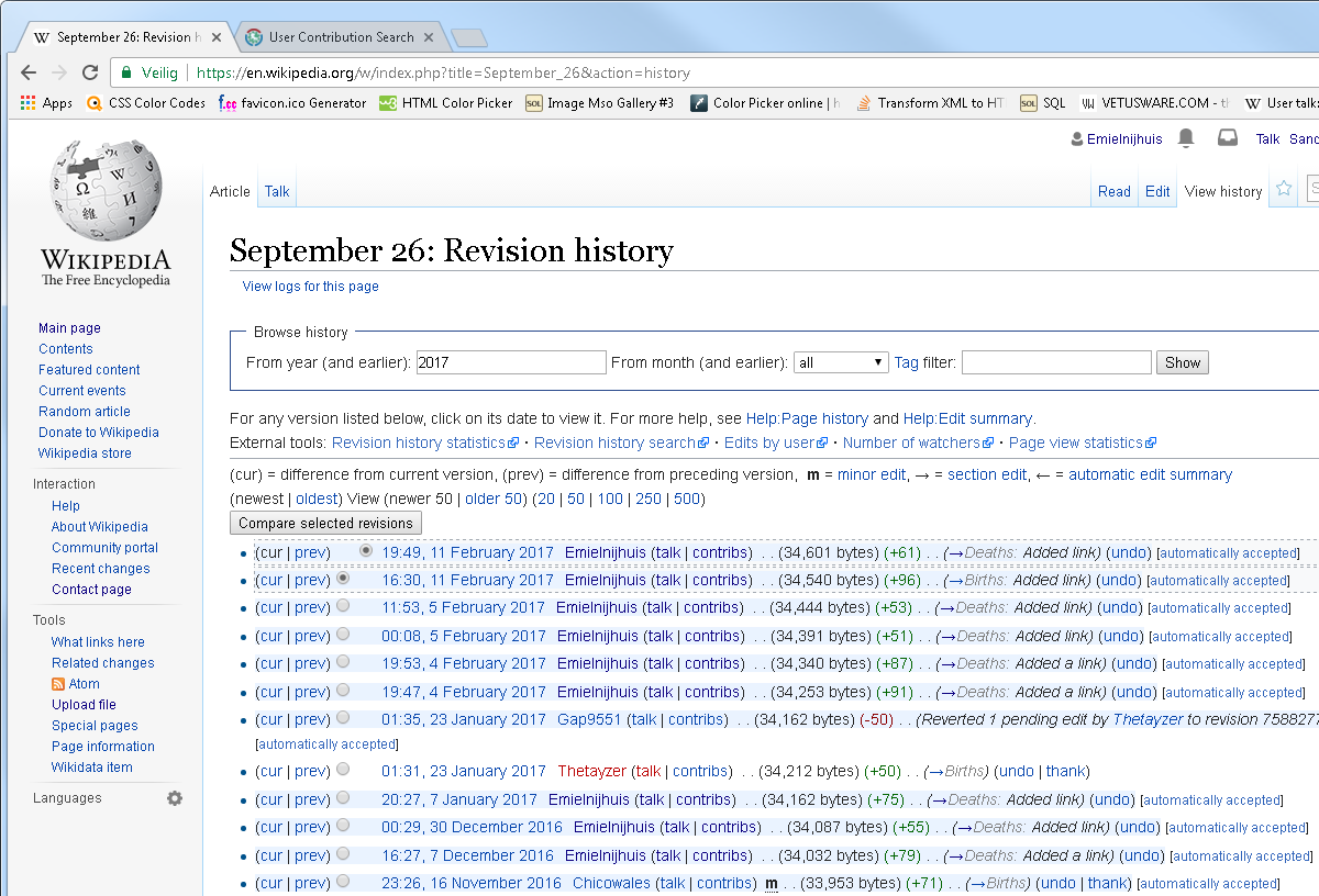 Wikipedia revision history showing multiple saved versions of a page