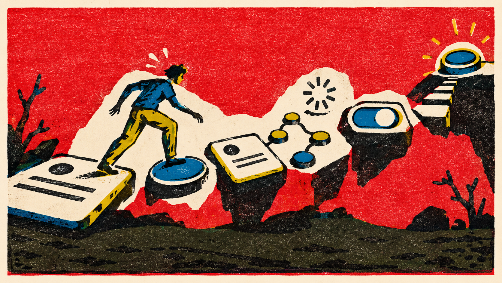 Artistic thumbnail showing a person crossing a path of oversized interface elements, including cards, buttons, a loading symbol, connected nodes, and a toggle switch, moving toward a glowing goal.