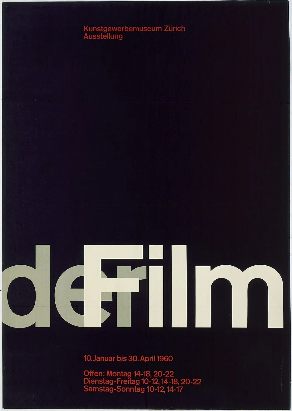 Black 1960 exhibition poster with oversized white Der Film lettering and small red information text.