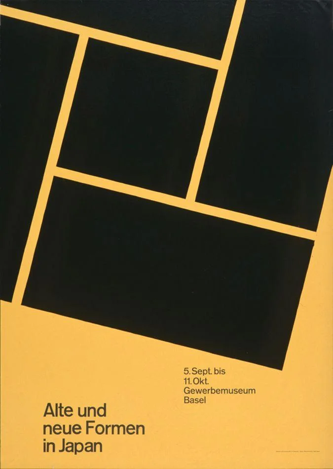Black and yellow Armin Hofmann exhibition poster with angled geometric lines above a compact block of sans-serif type.