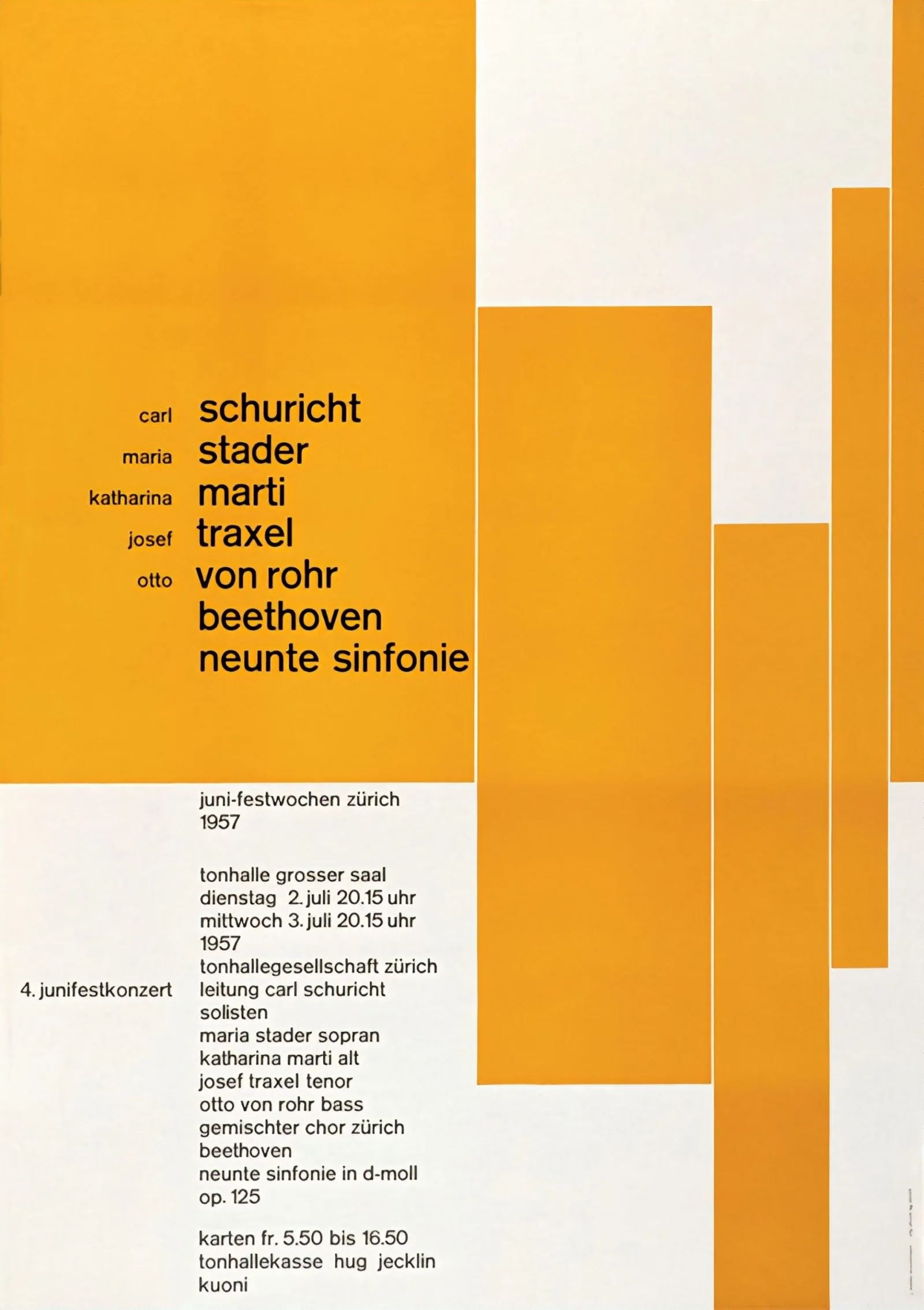 Orange and white 1957 concert poster with black sans-serif type aligned to a strict geometric composition.