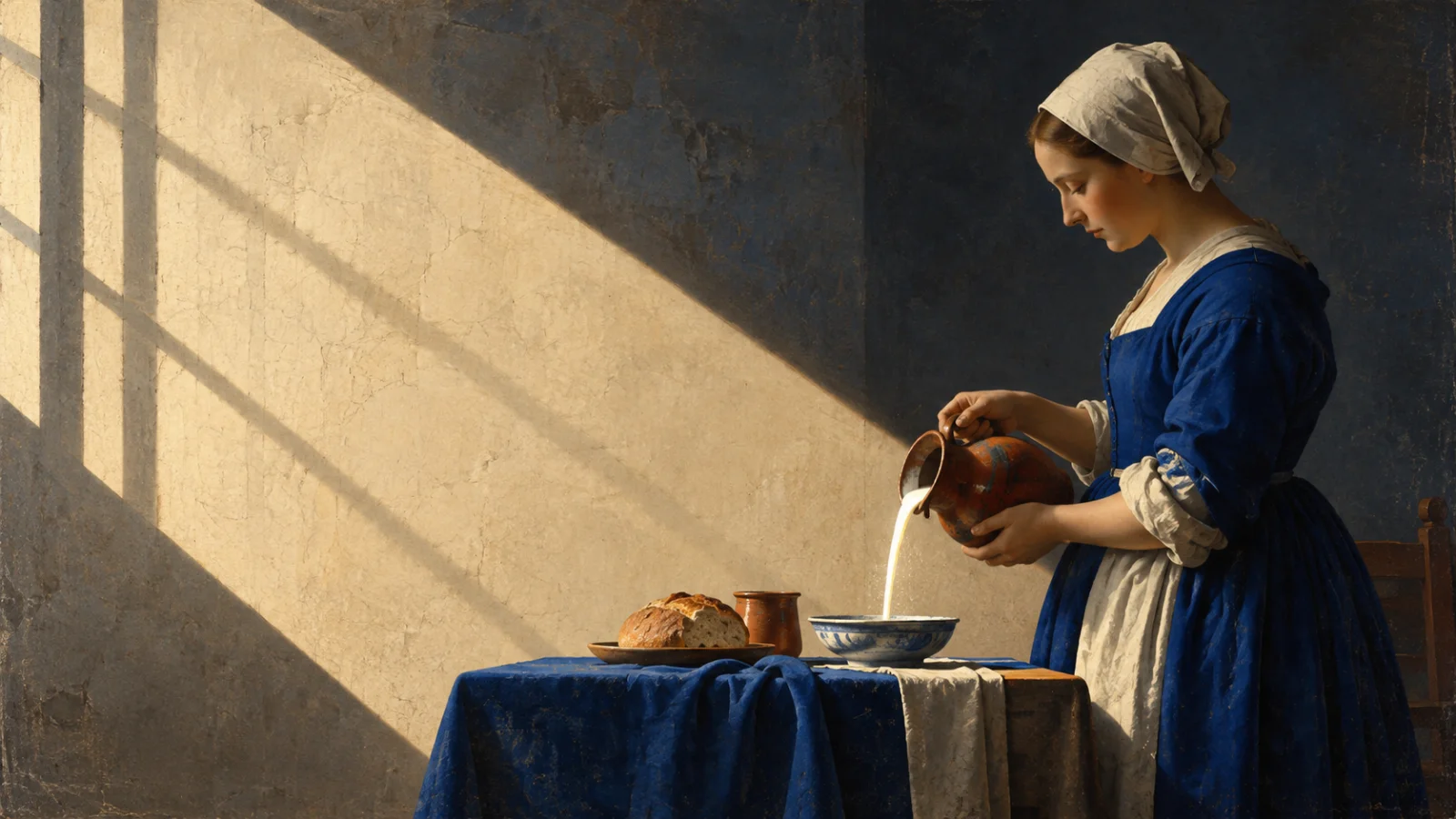 A woman in a blue dress pours milk into a bowl as diagonal window light crosses a textured, collage-style room.