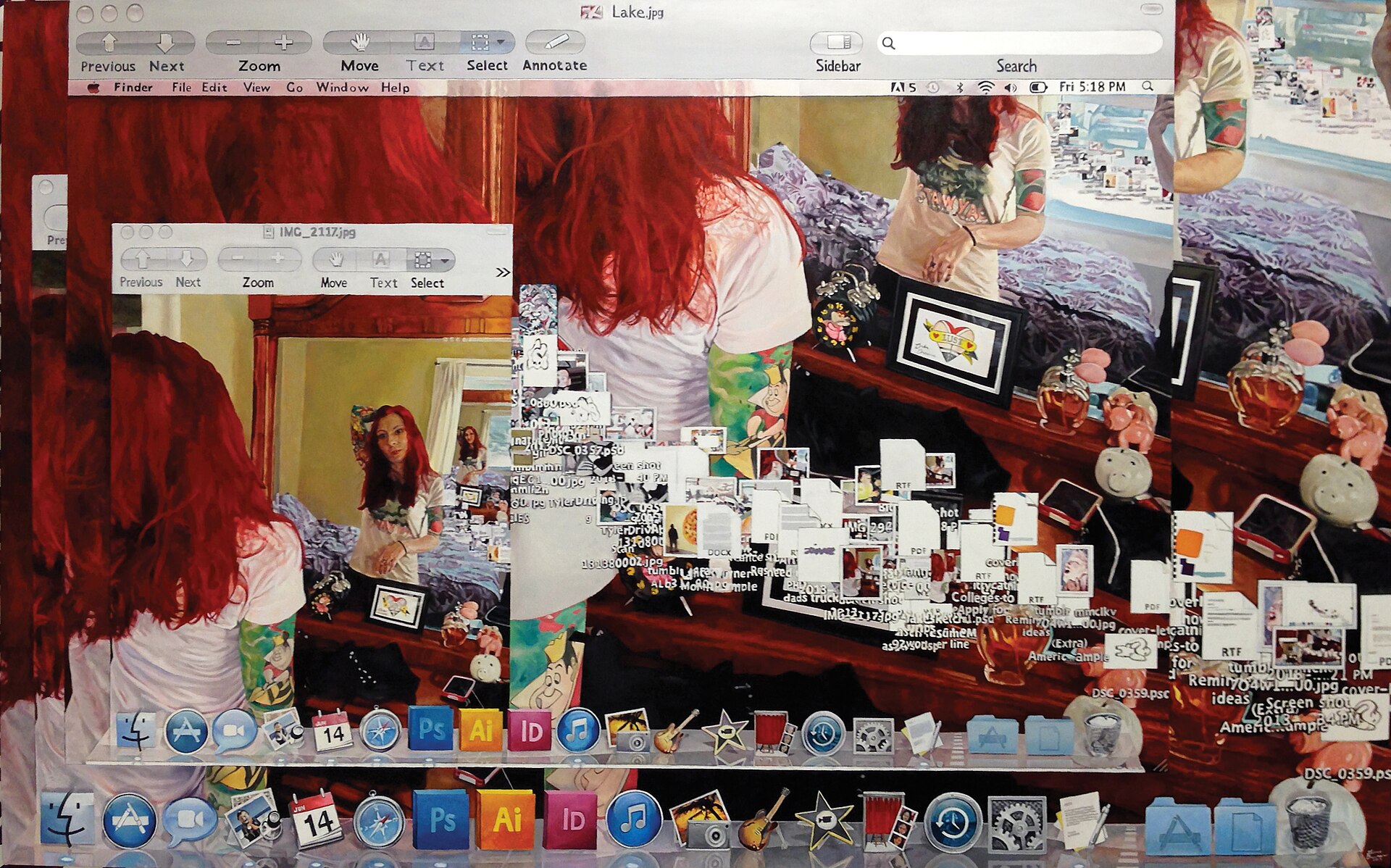 A photorealist painting built around a computer screen, reflections and ordinary interior details