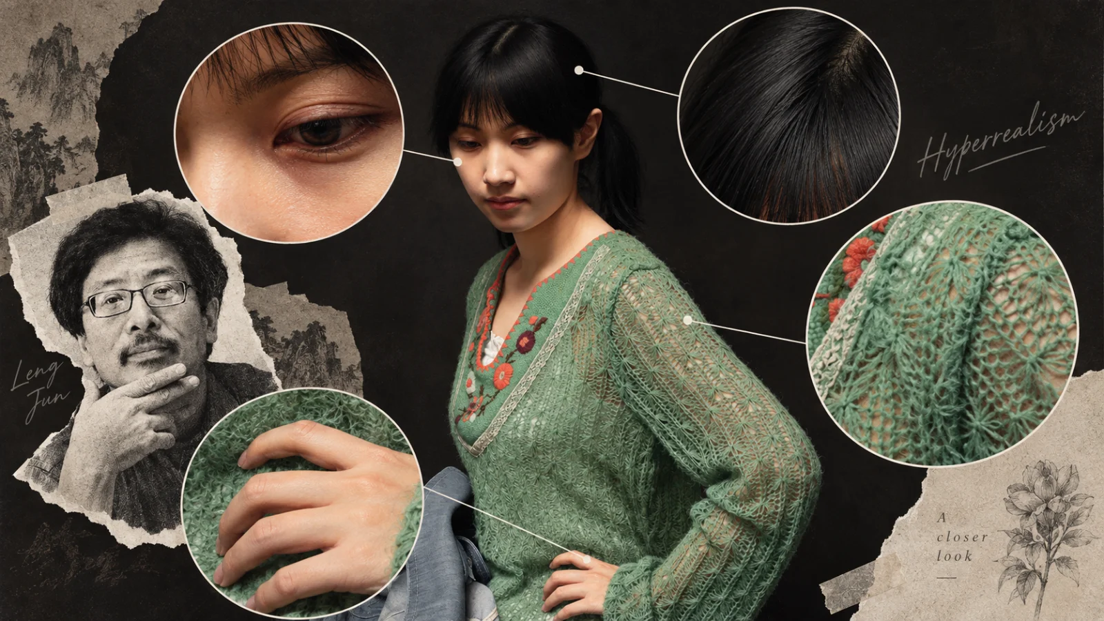 Editorial collage featuring Leng Jun’s hyperrealist portrait Portrait of Xiao Jiang at the center, surrounded by circular close-up details of the eye, hair, knitted sweater texture, and hand, with a monochrome cutout portrait of the artist on the side.