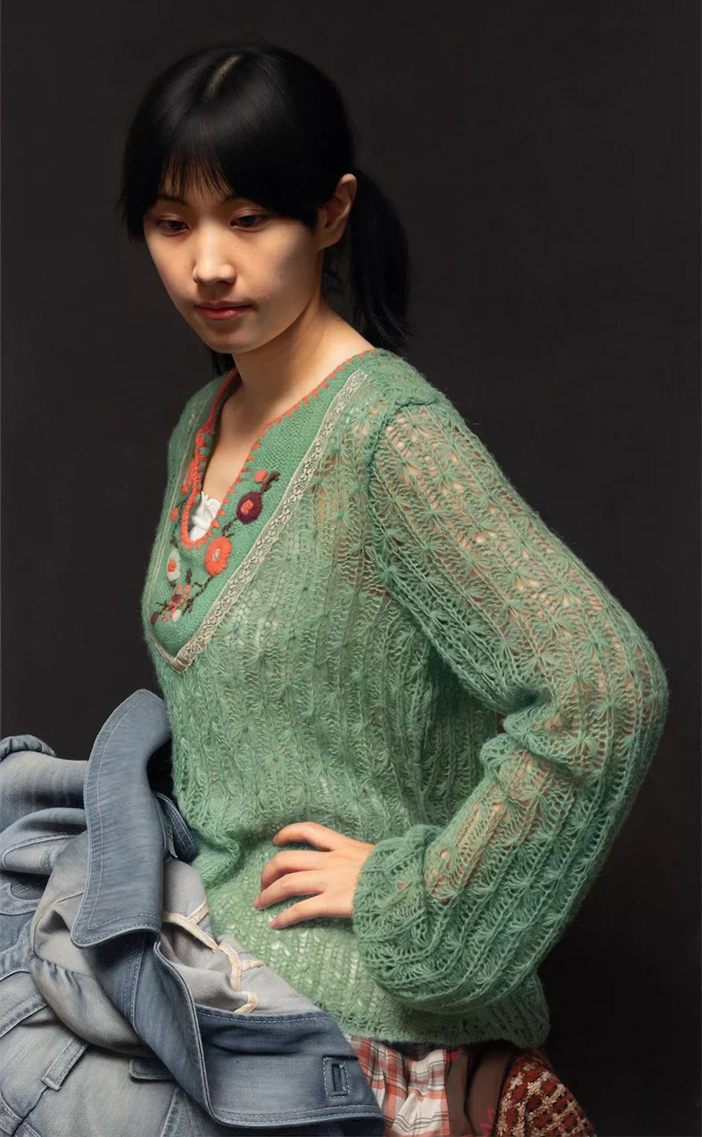 Leng Jun's Portrait of Xiao Jiang, showing the model in a green sweater against a dark background