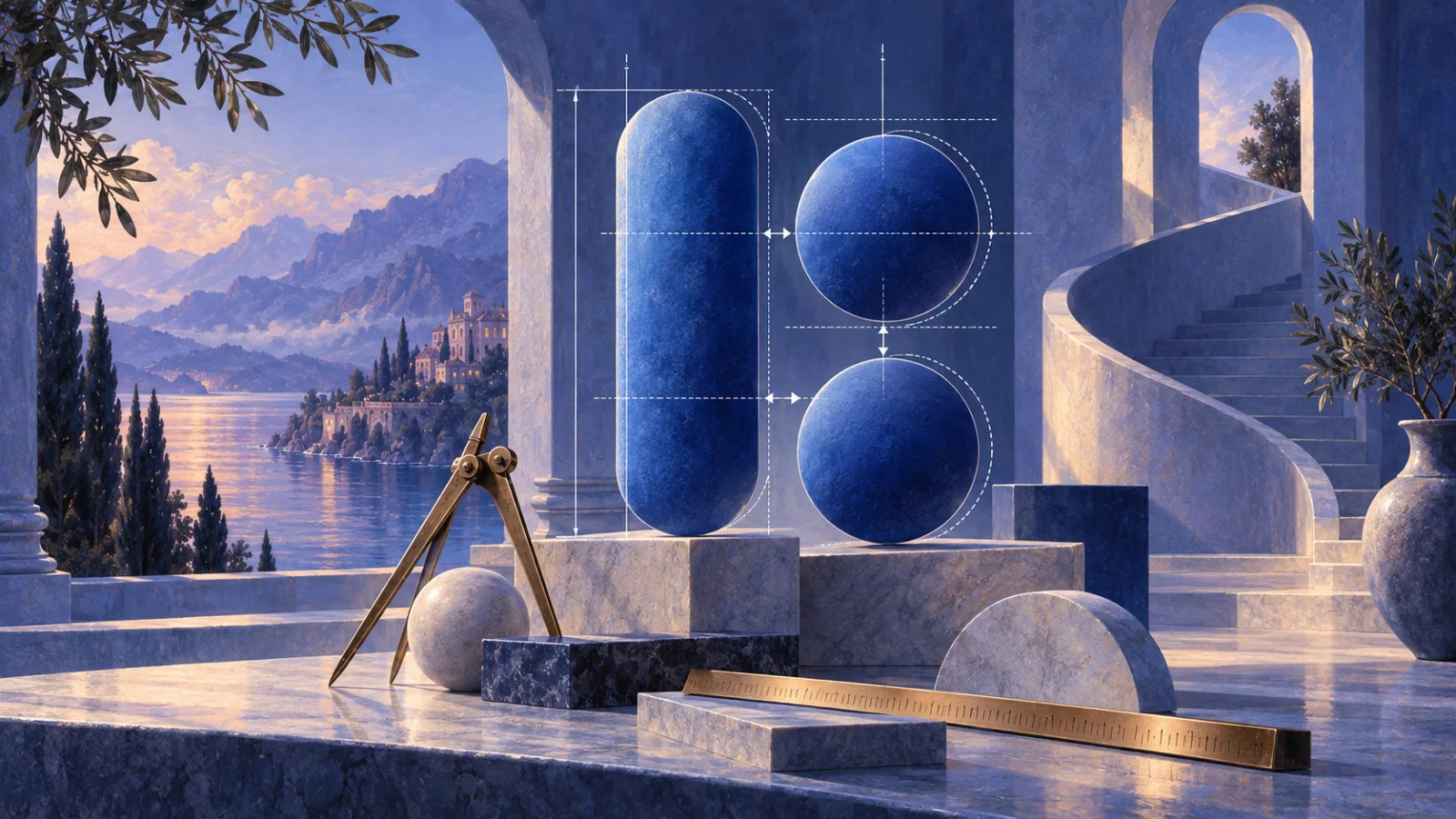 A blue-toned editorial illustration combining geometric UI shapes, measurement guides, a ruler and compass to represent the tension between mathematical precision and visual balance in interface design.