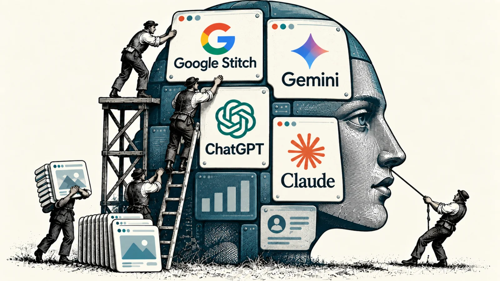 Google Stitch, Gemini, ChatGPT ve Claude logolarını taşıyan büyük arayüz panellerinden oluşmuş gravür tarzı bir insan başını, çevresindeki ekran bloklarını kurup düzenleyen küçük işçilerle birlikte gösteren editoryal kolaj.