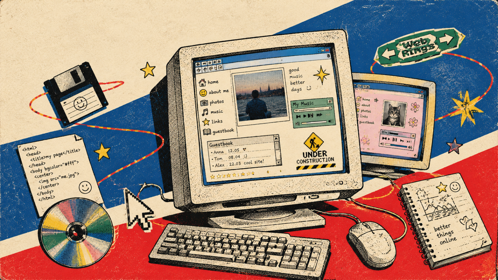Erken dönem internetten nostaljik bir kişisel ana sayfanın retro bilgisayarda gösterimi.
