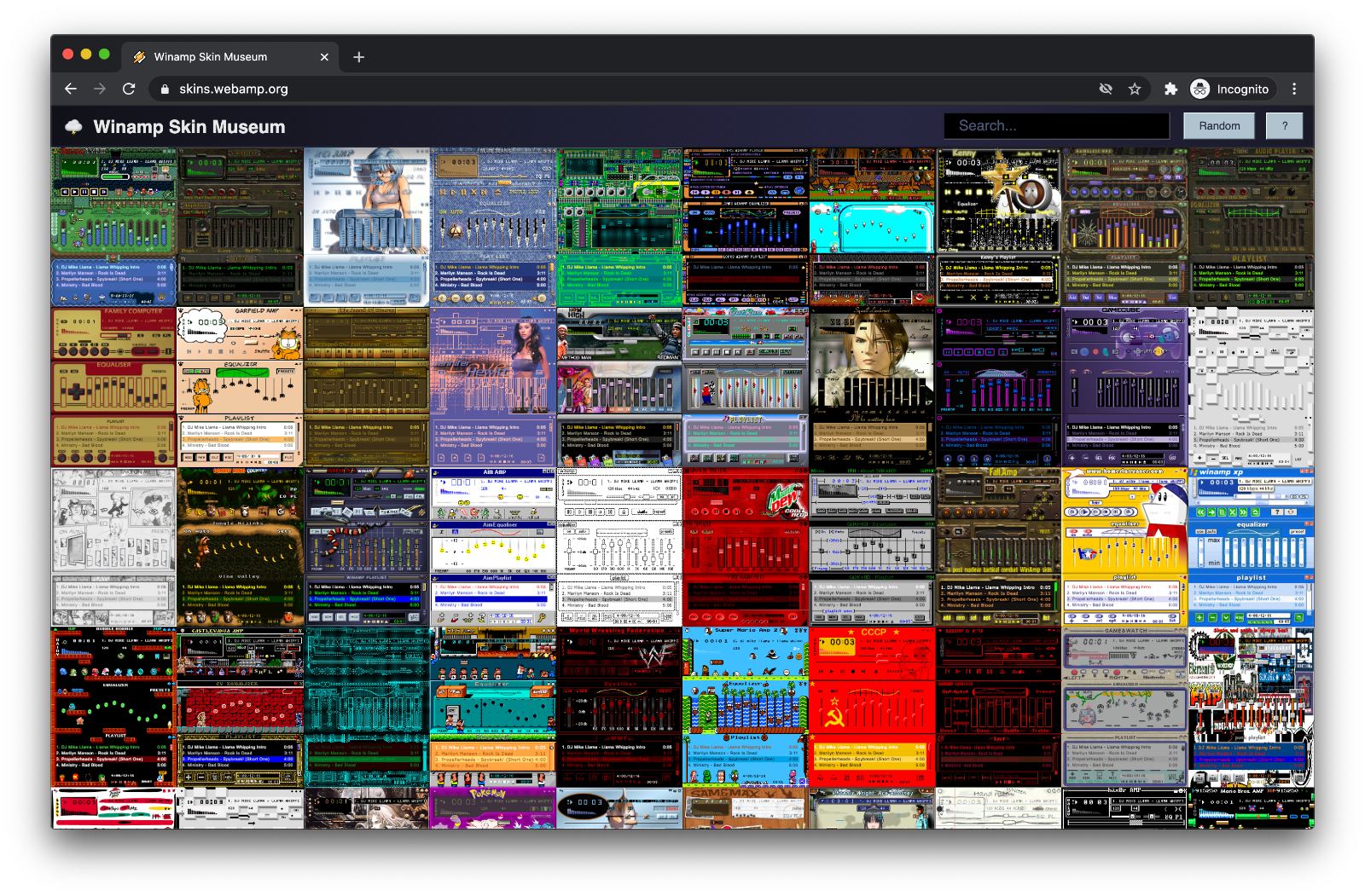 A grid of music player skins in different colours and styles on the Winamp Skin Museum website.
