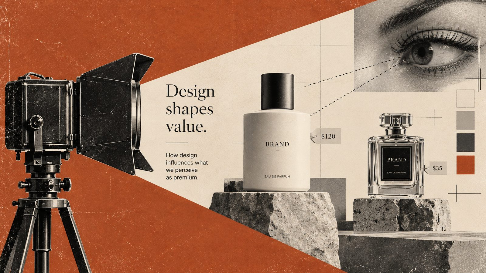 Editorial collage showing a vintage film camera projecting toward perfume bottles and a close-up eye, with the words “Design shapes value.”