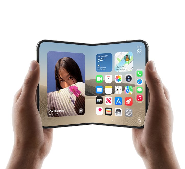 An iPhone Duo shown open in a clean product composition with both displays visible.