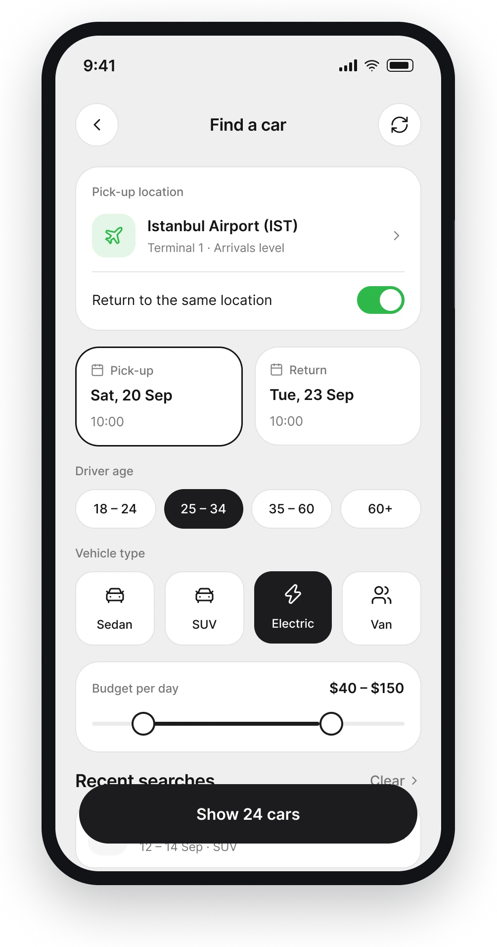 The Carro search screen with location, dates, driver age and vehicle type tiles