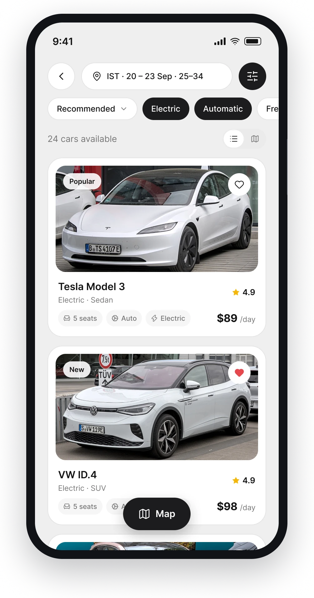 The Carro results list with price, rating, seats and gearbox on every card