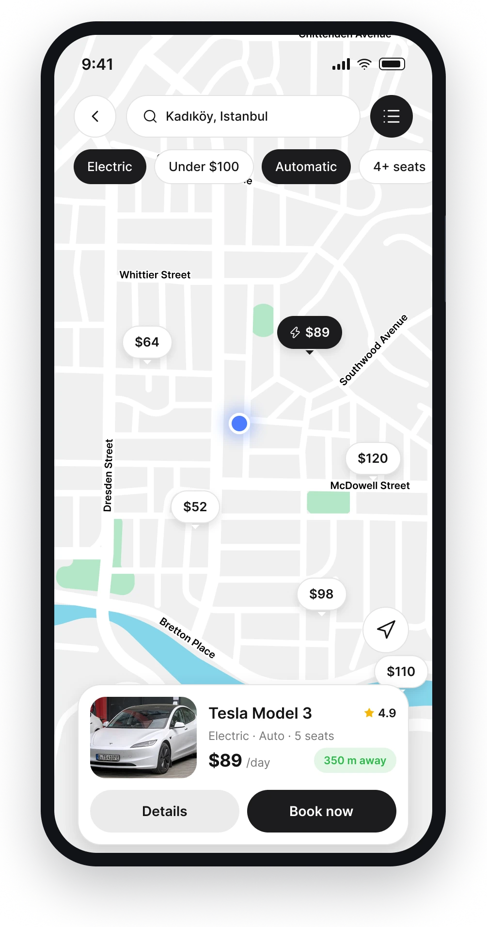 The Carro map view showing prices as pins with a selected car card