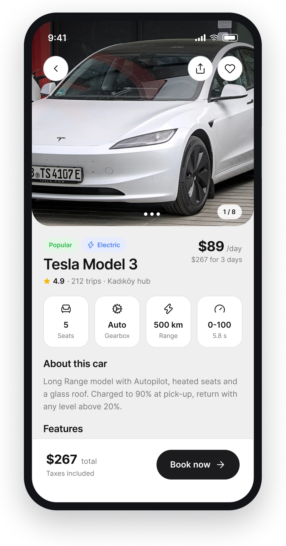 The Carro car detail screen with specs, features and a price bar at the bottom