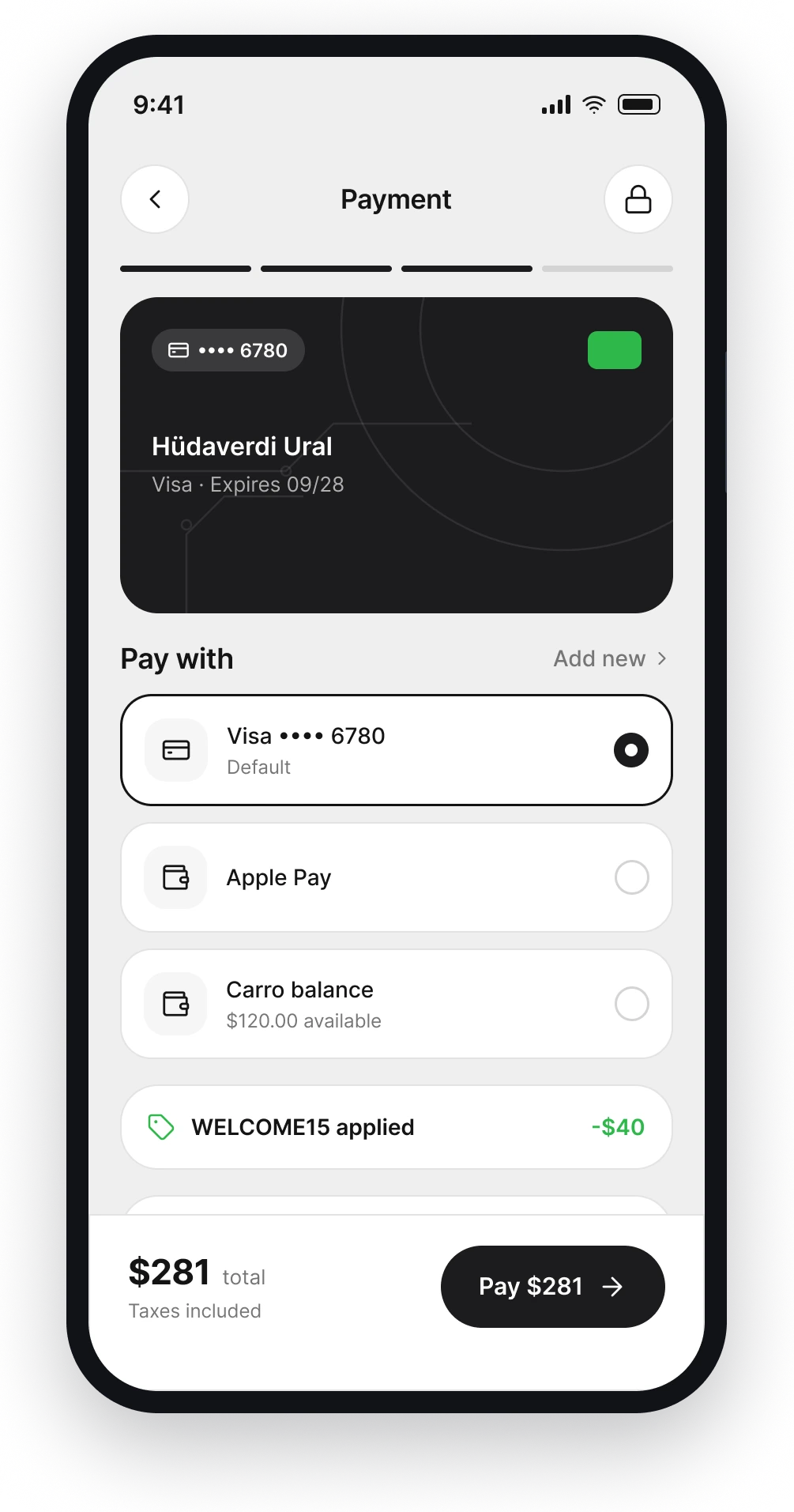 The Carro payment screen with saved card, Apple Pay and a full price summary