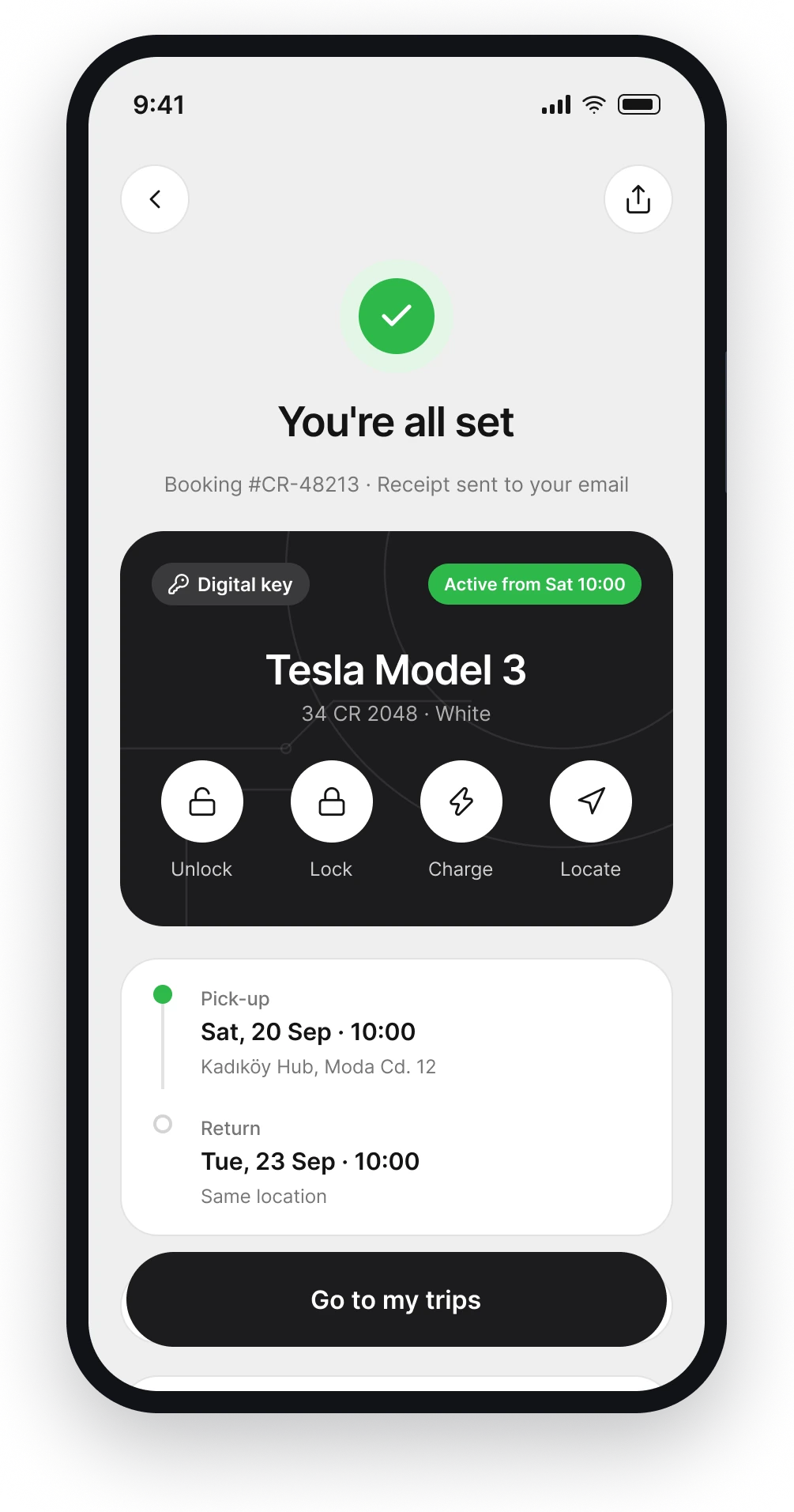 The Carro confirmation screen with the digital key and car controls