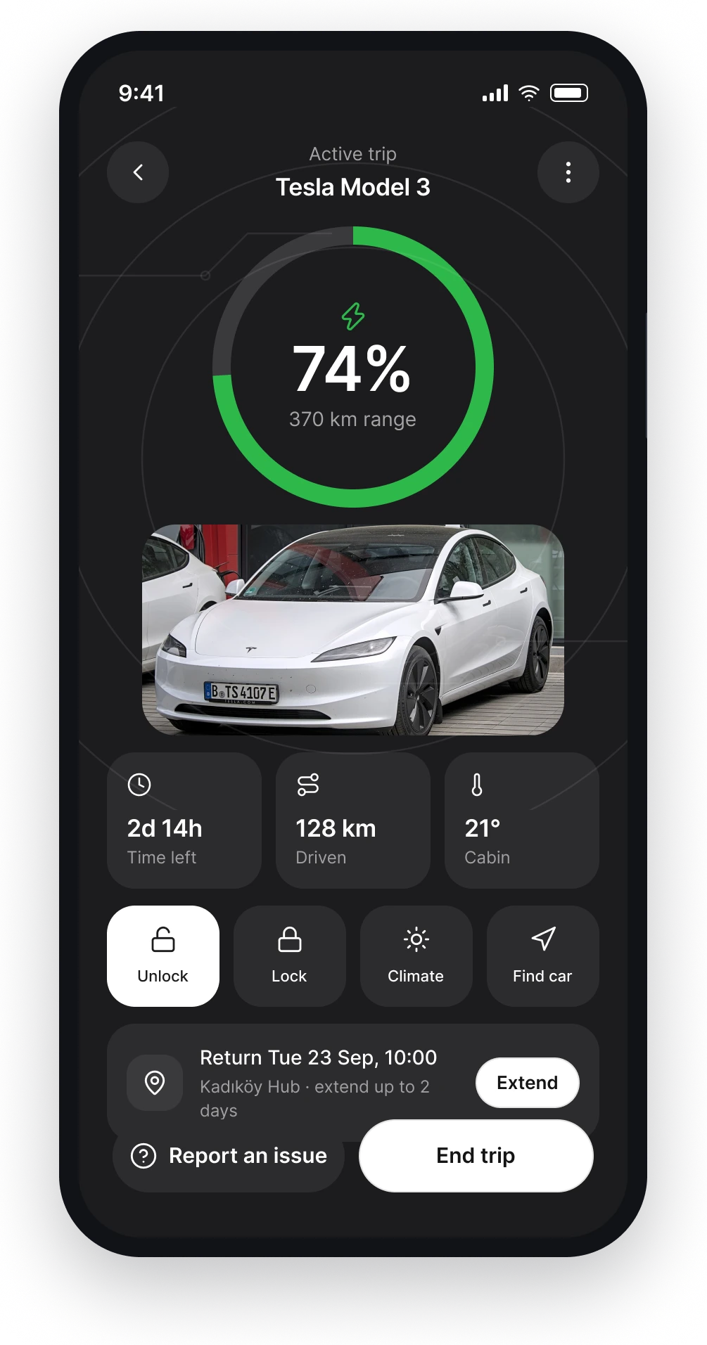 The Carro active trip screen with battery, range and time left on a dark layout