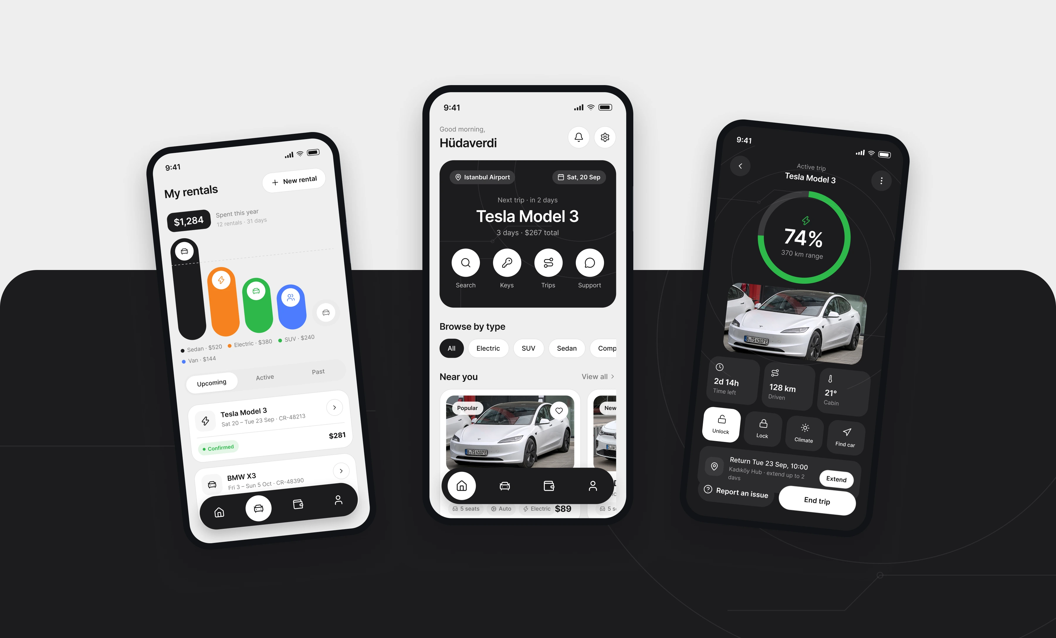 The Carro app shown on a phone, with the next trip card on the home screen