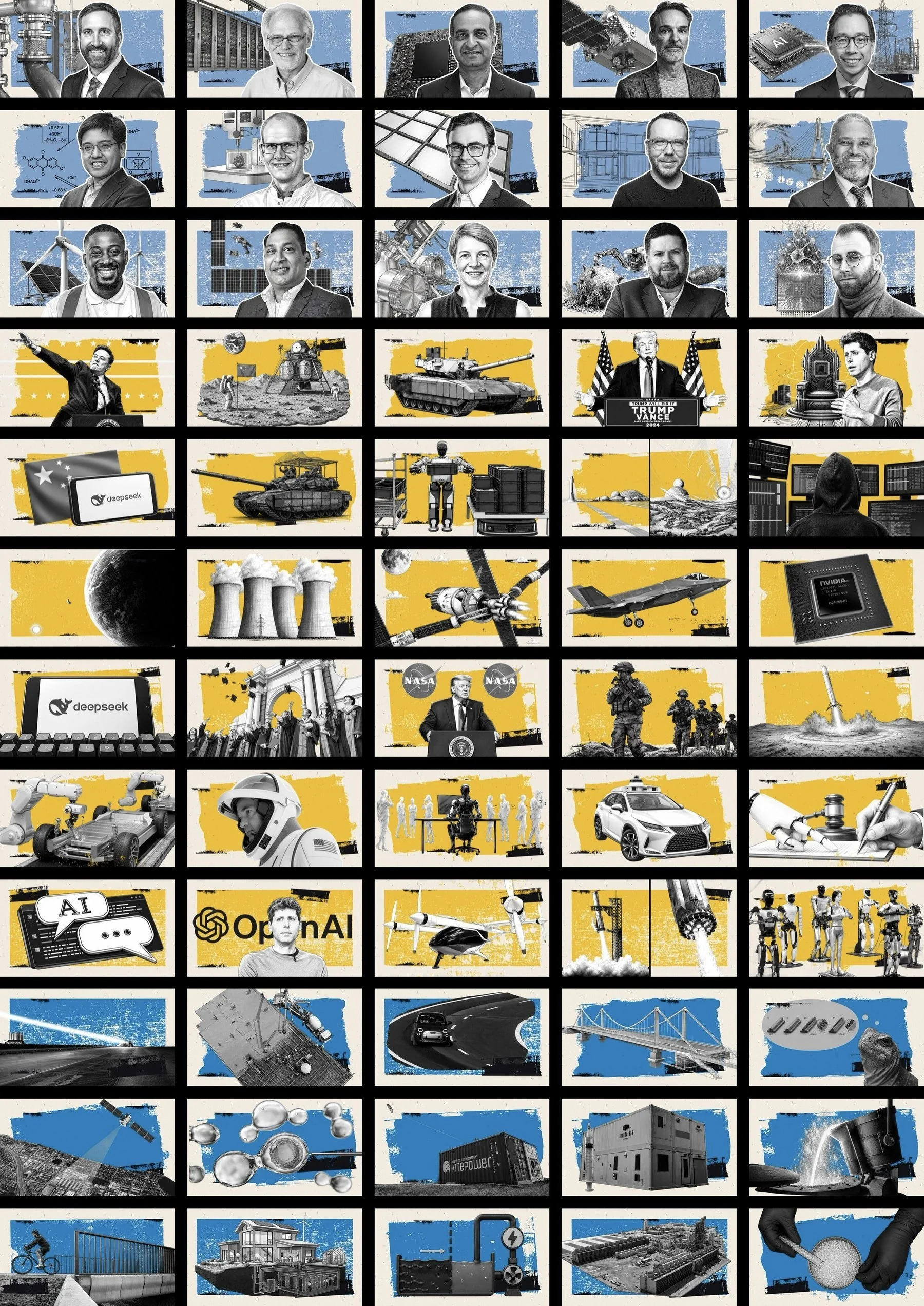 Full grid of editorial thumbnails covering industrial, technology, business, defense, and public-figure subjects