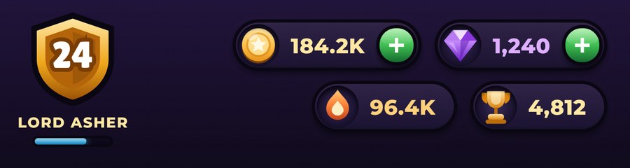 The Emberfall HUD top bar with the player badge and the four resource counters