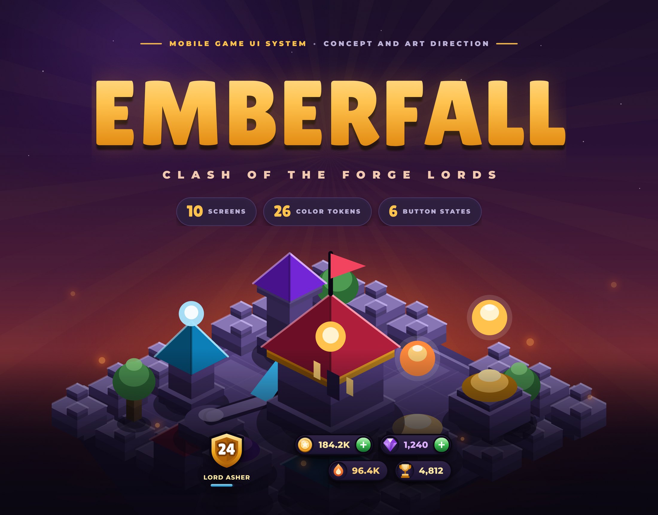 Emberfall mobile game key art showing the isometric volcanic village and the in game HUD