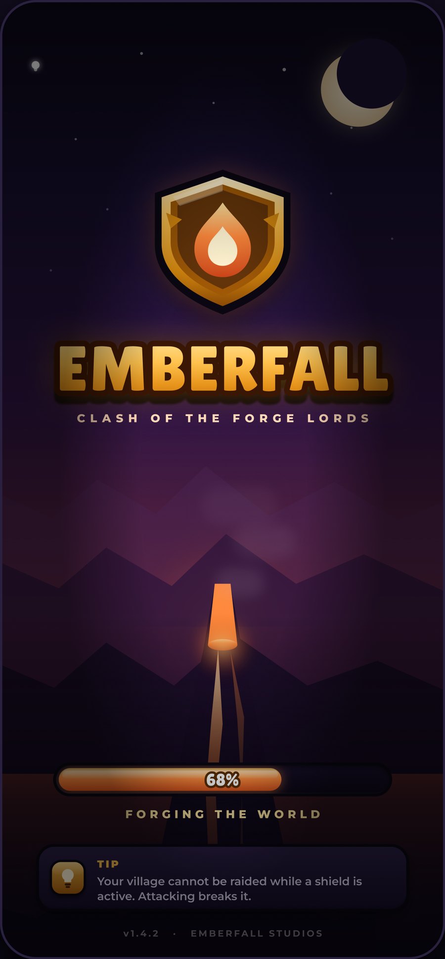 Emberfall splash screen with the crest, the wordmark and a loading bar over a volcanic horizon
