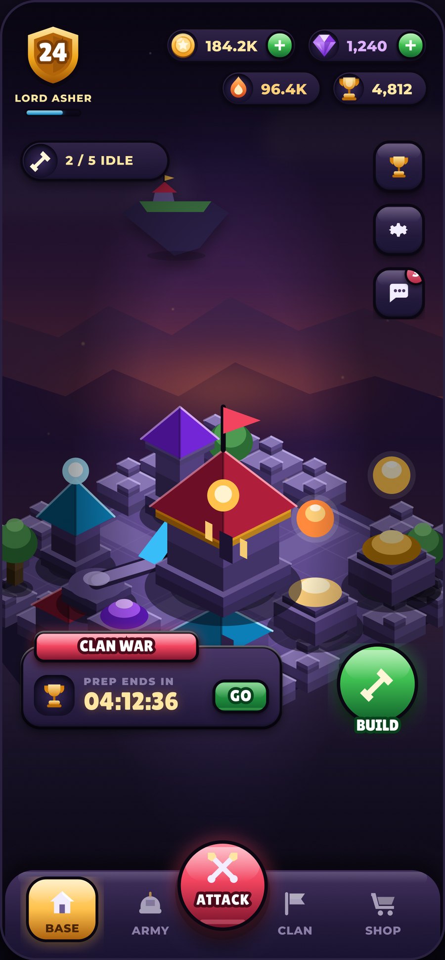 Emberfall home base screen with the floating HUD, the isometric village and the clan war timer