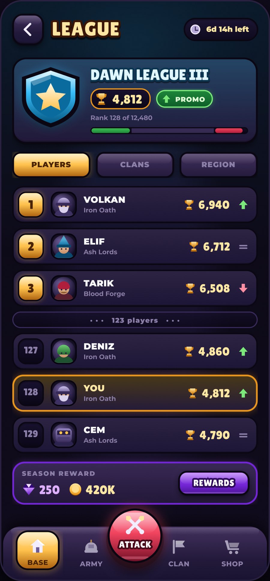 Emberfall screen 09, league leaderboard