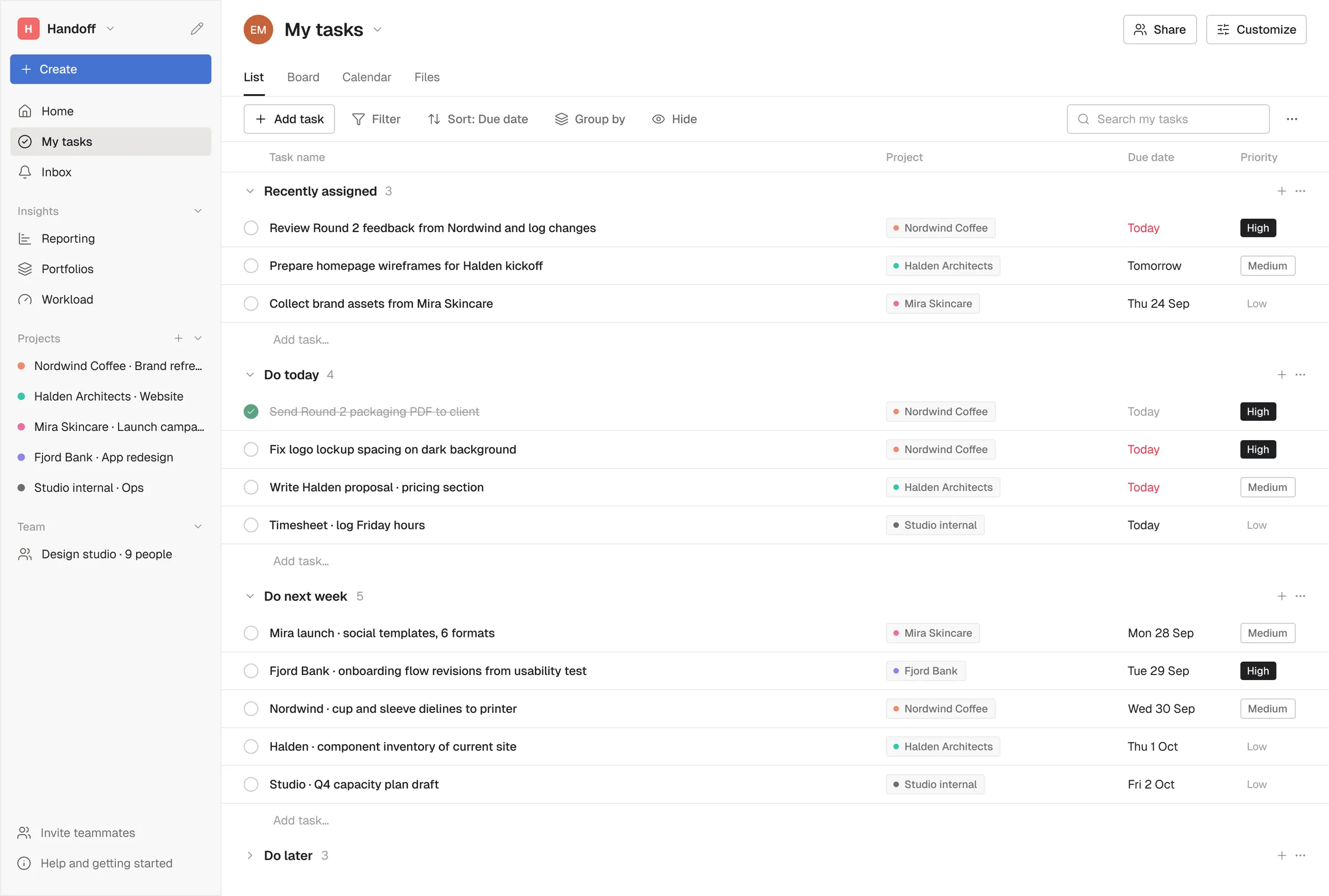 The My tasks screen with tasks grouped into recently assigned, do today and do next week