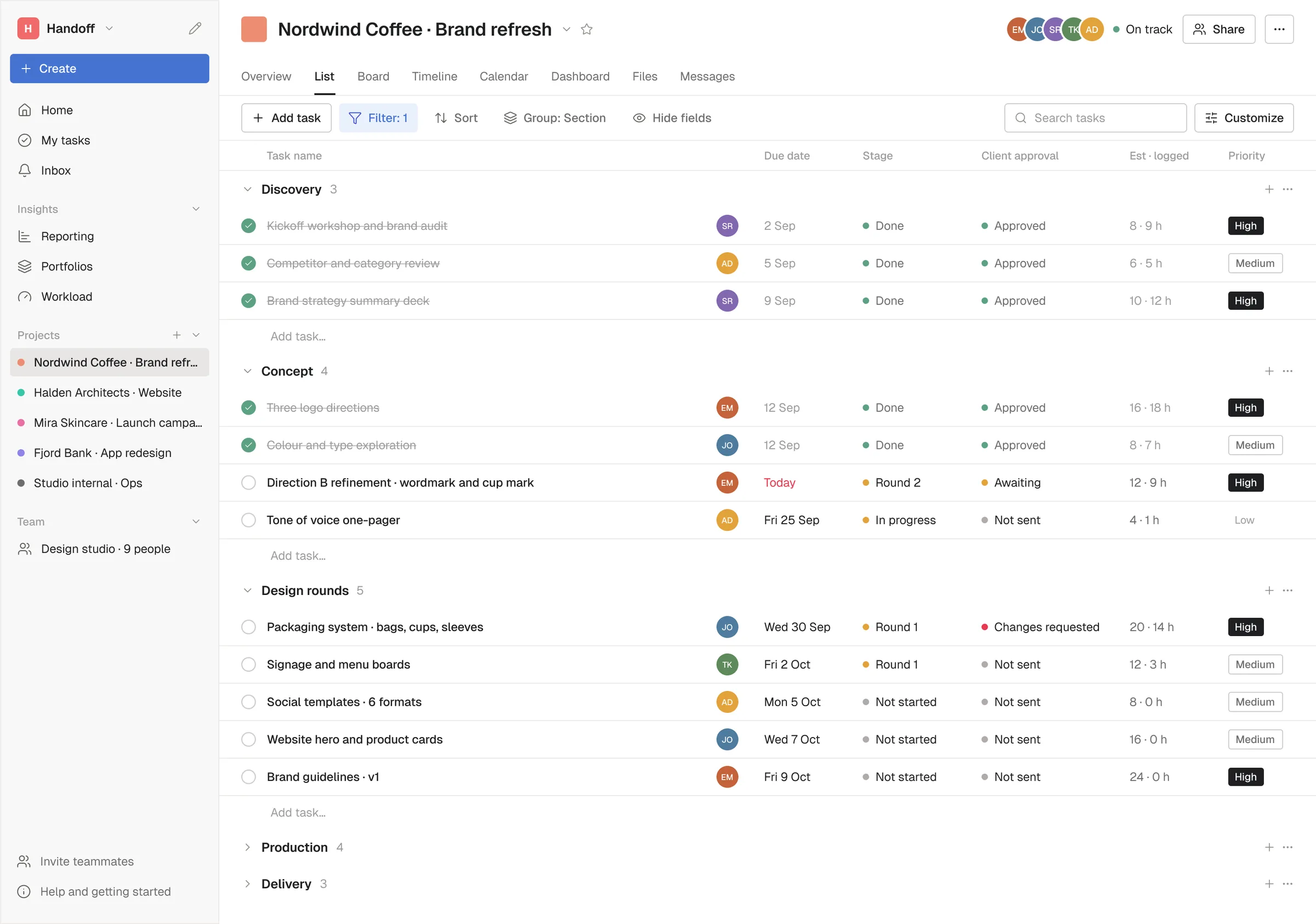 The project list with sections for concept and design rounds, showing stage, client approval and hours against estimate