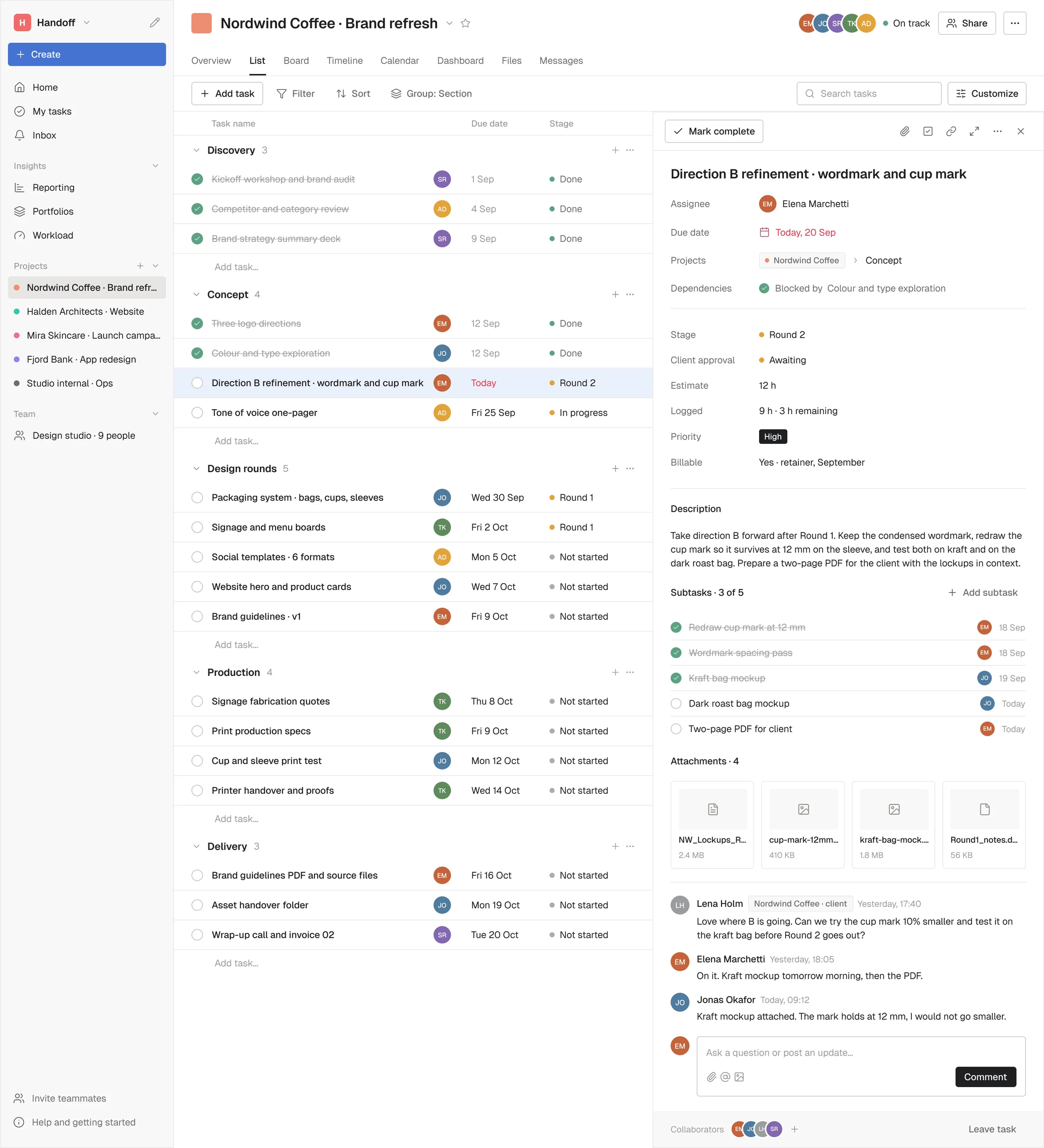 The task detail panel open over the list, showing stage, client approval, estimate, subtasks, attachments and the client thread
