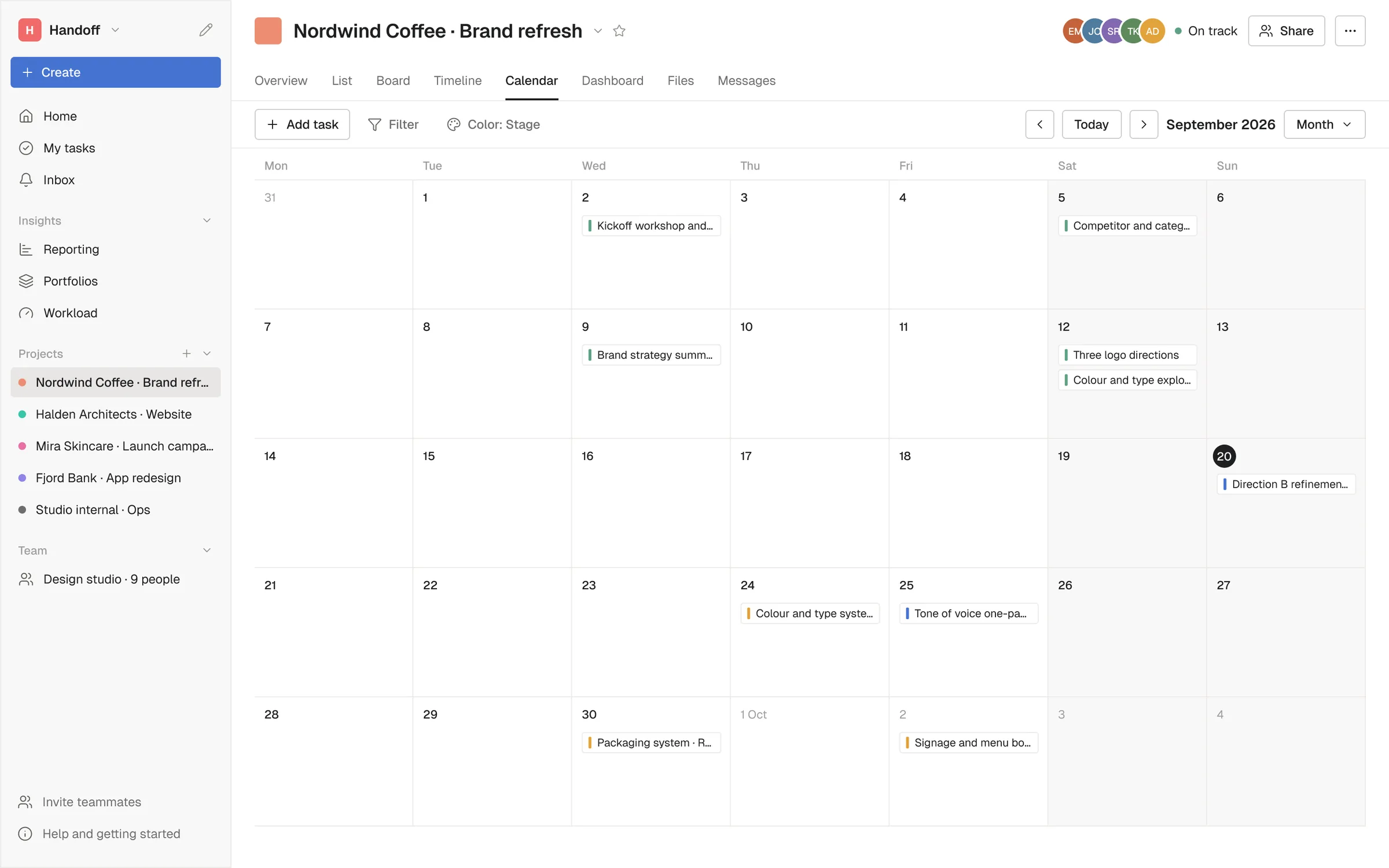 The project calendar for September with deliverables and review dates on the grid
