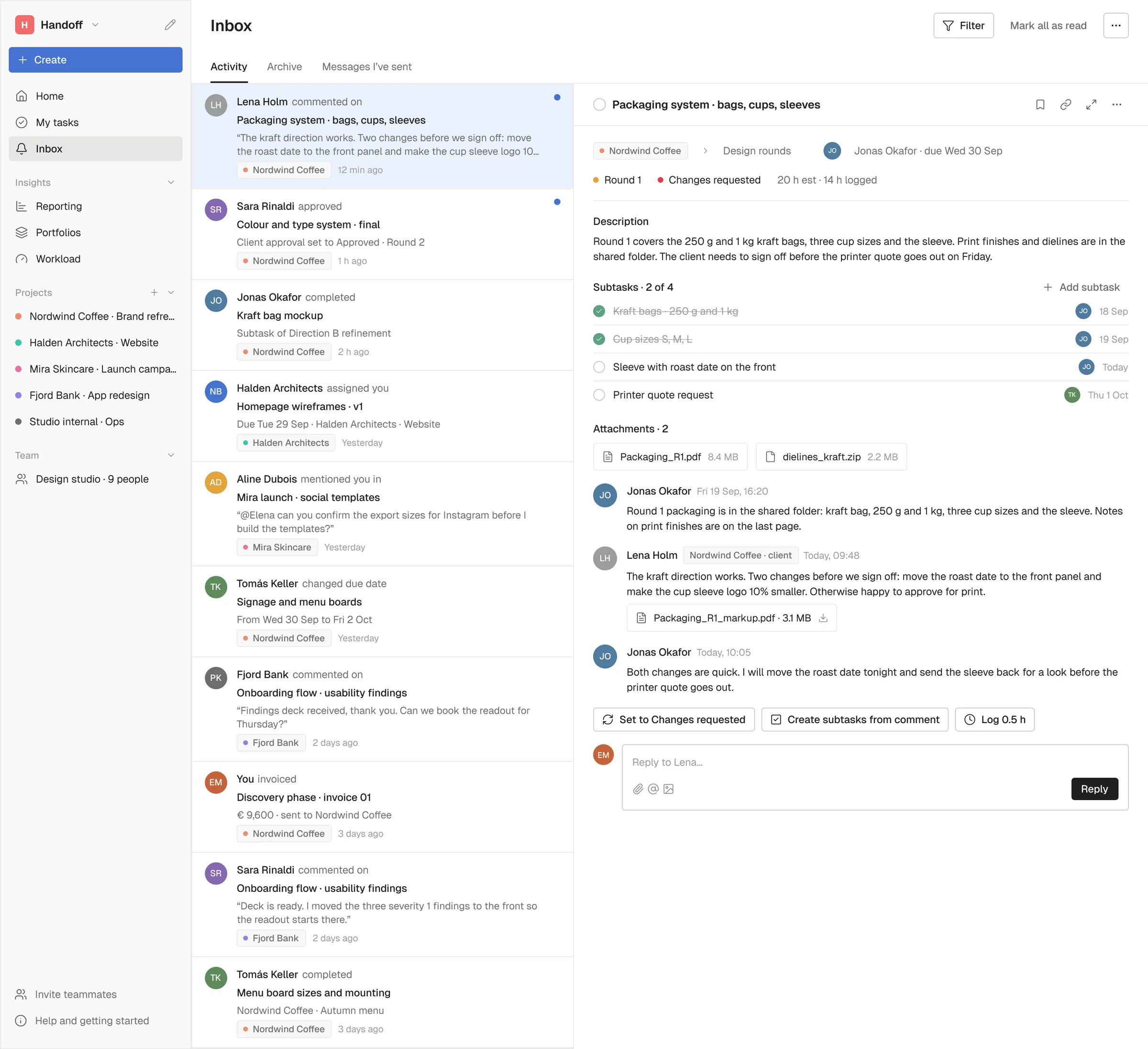 The inbox with notifications on the left and the selected task with its thread on the right