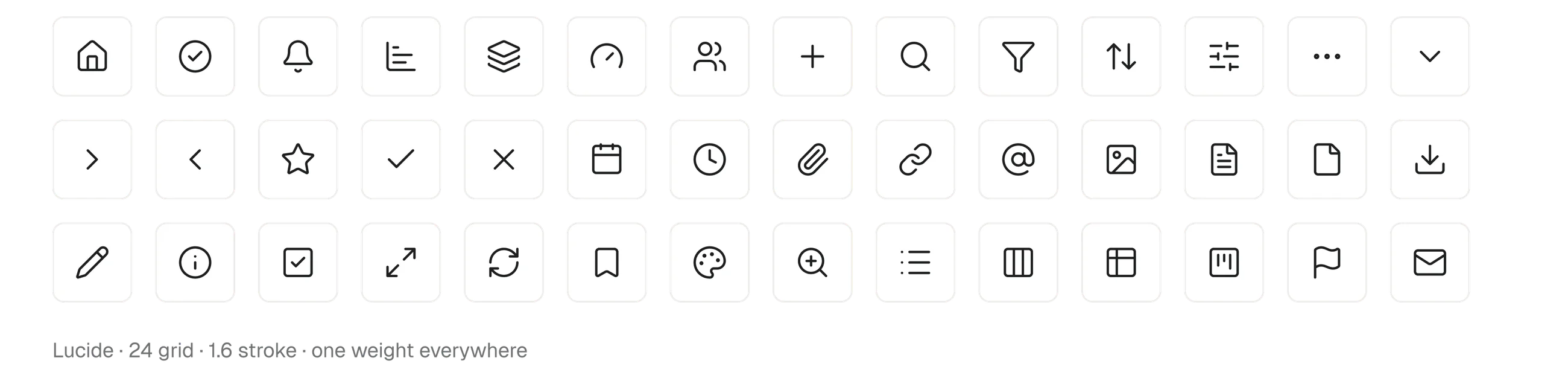 The Handoff icon set, forty two Lucide icons on a twenty four grid